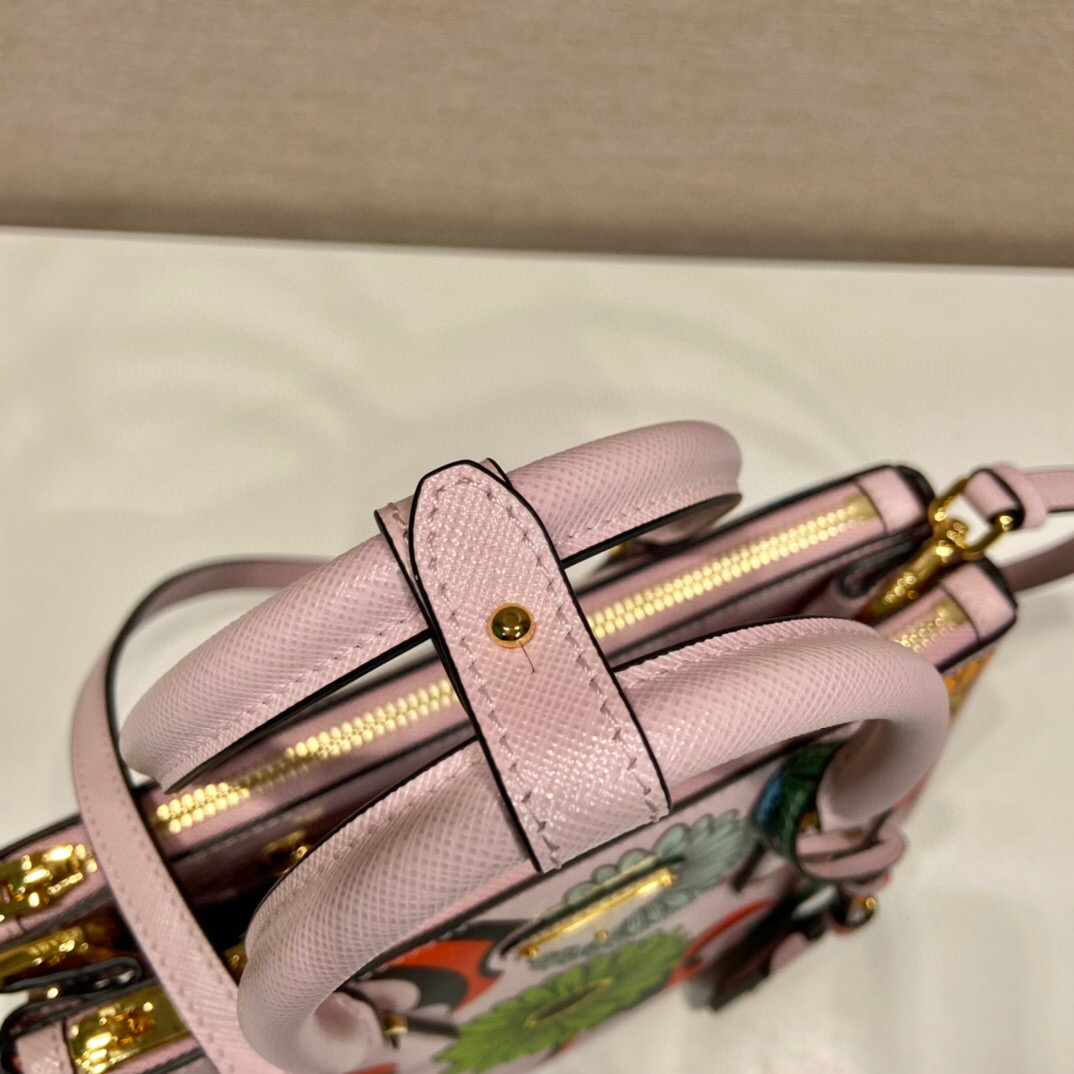 Prada Small Saffiano Double Zip With Flower Handbag In Pink For Women 9.6in/ 24.5cm