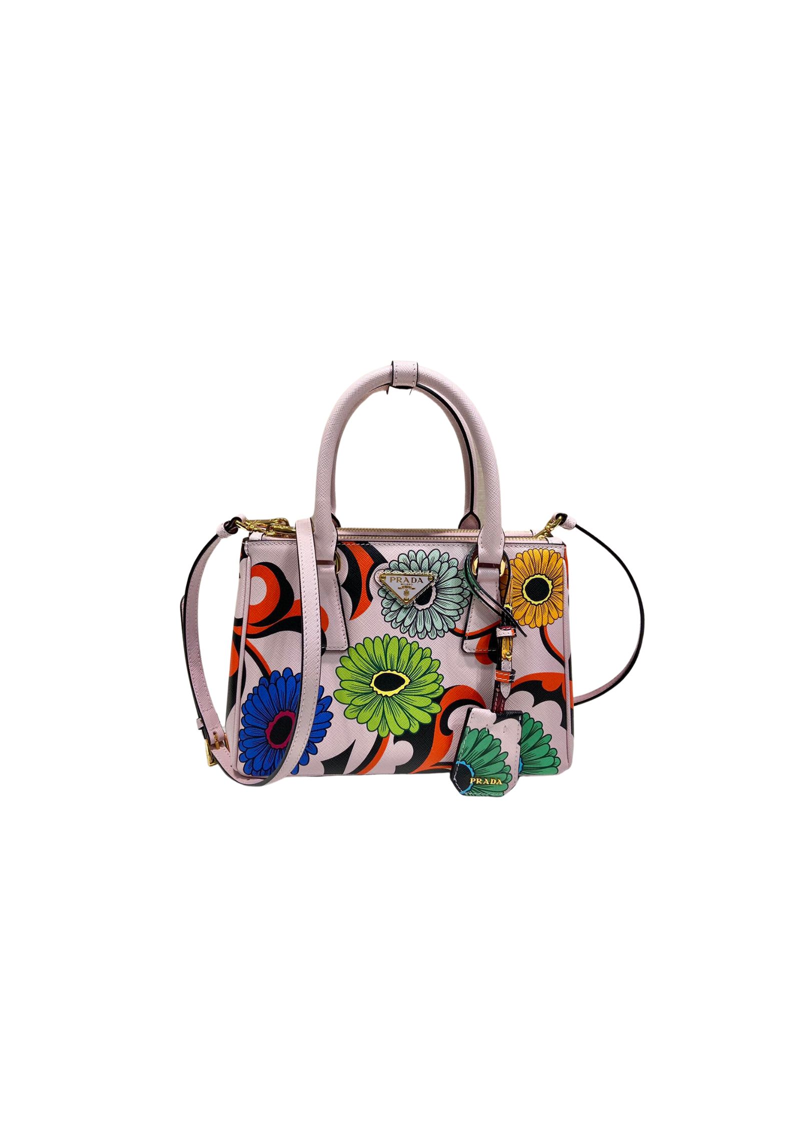 Prada Small Saffiano Double Zip With Flower Handbag In Pink For Women 9.6in/ 24.5cm