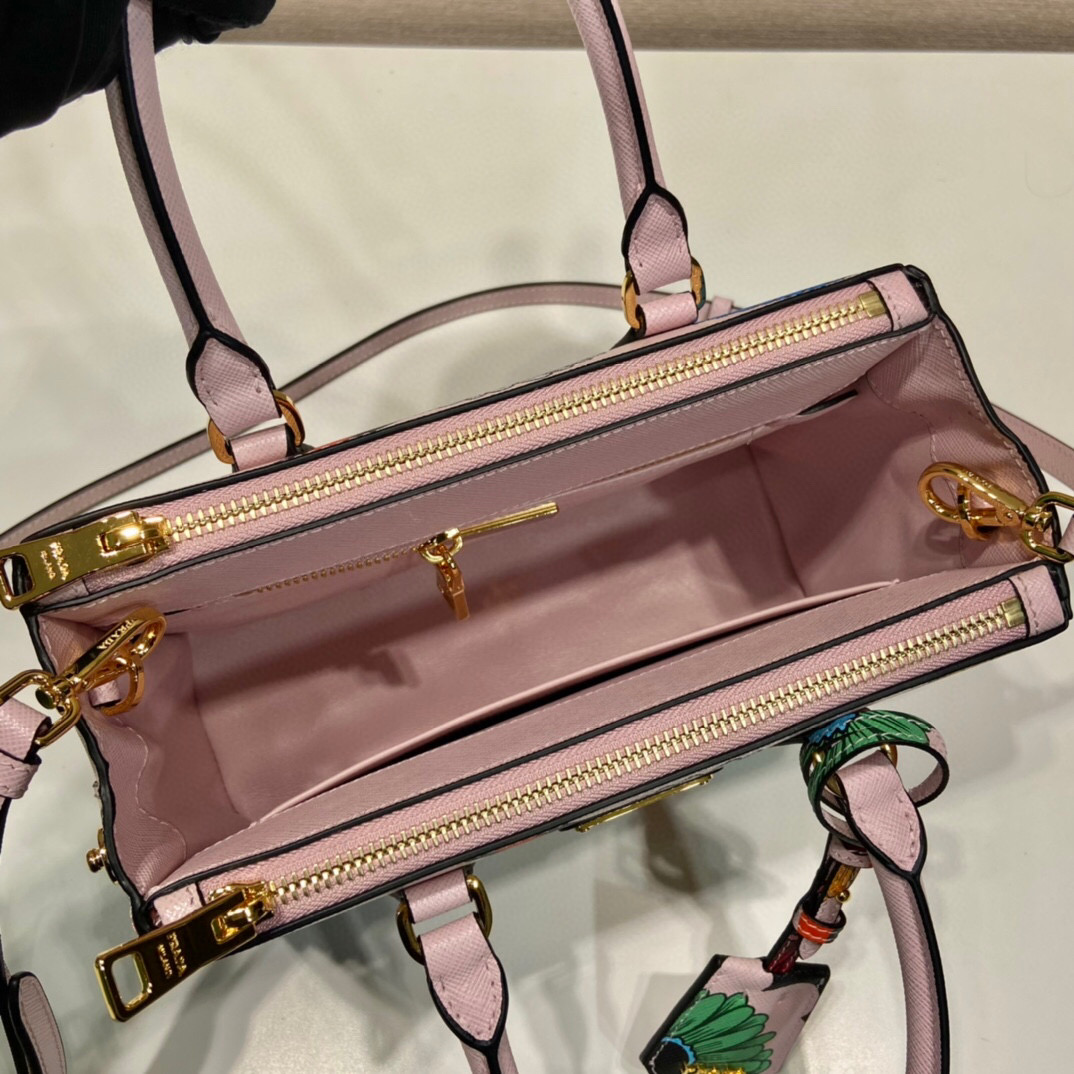 Prada Small Saffiano Double Zip With Flower Handbag In Pink For Women 9.6in/ 24.5cm