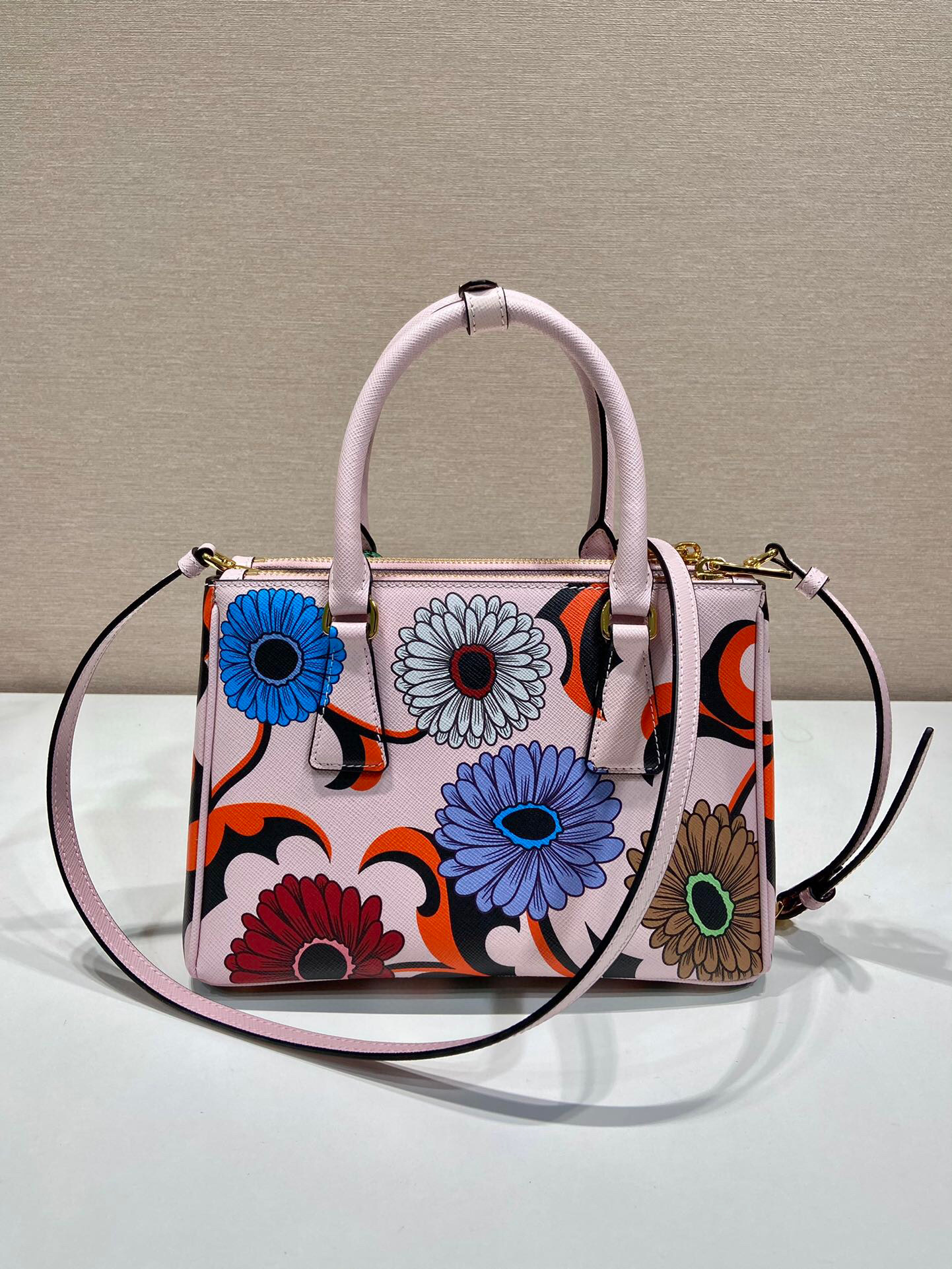 Prada Small Saffiano Double Zip With Flower Handbag In Pink For Women 9.6in/ 24.5cm