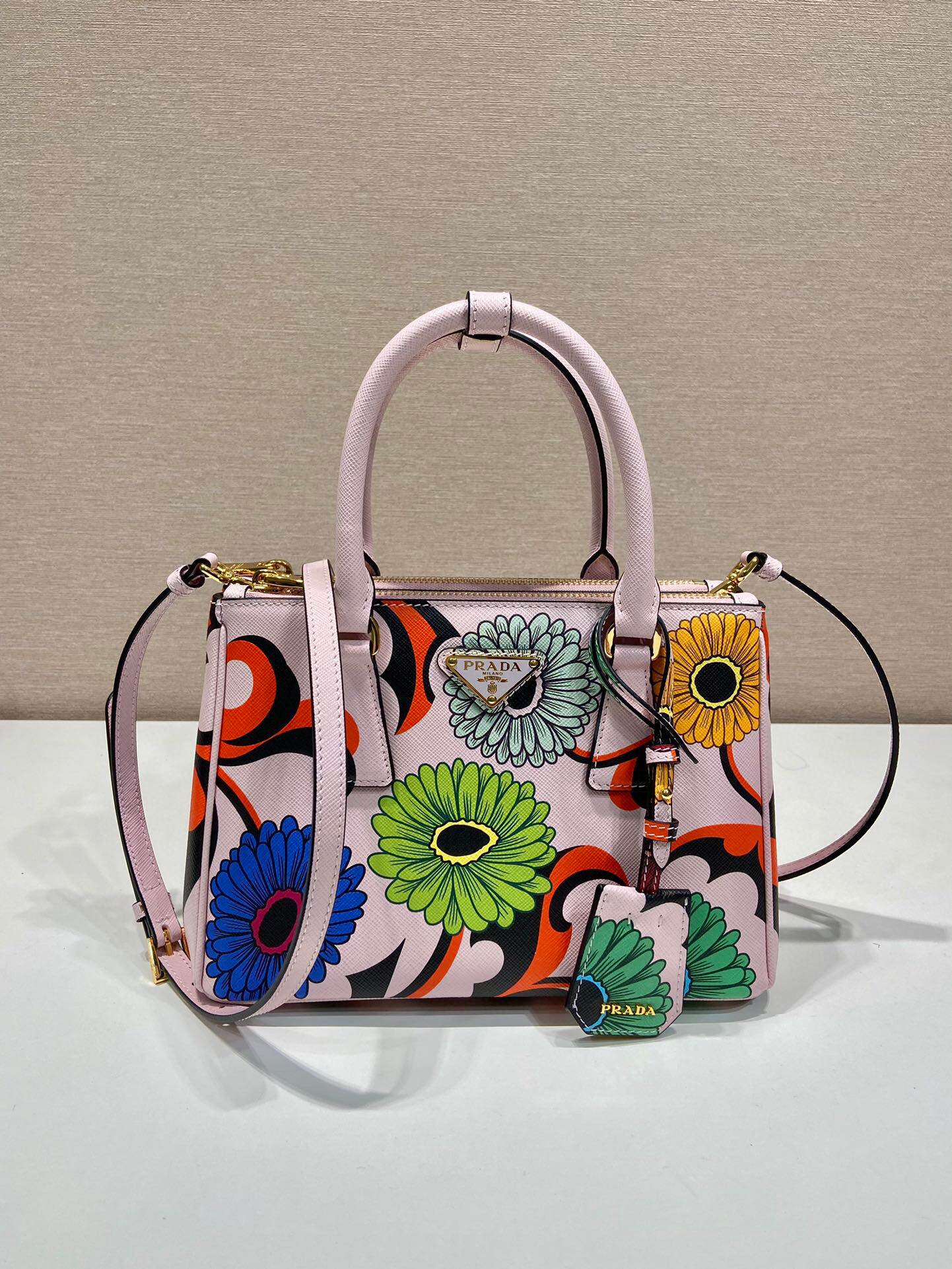 Prada Small Saffiano Double Zip With Flower Handbag In Pink For Women 9.6in/ 24.5cm