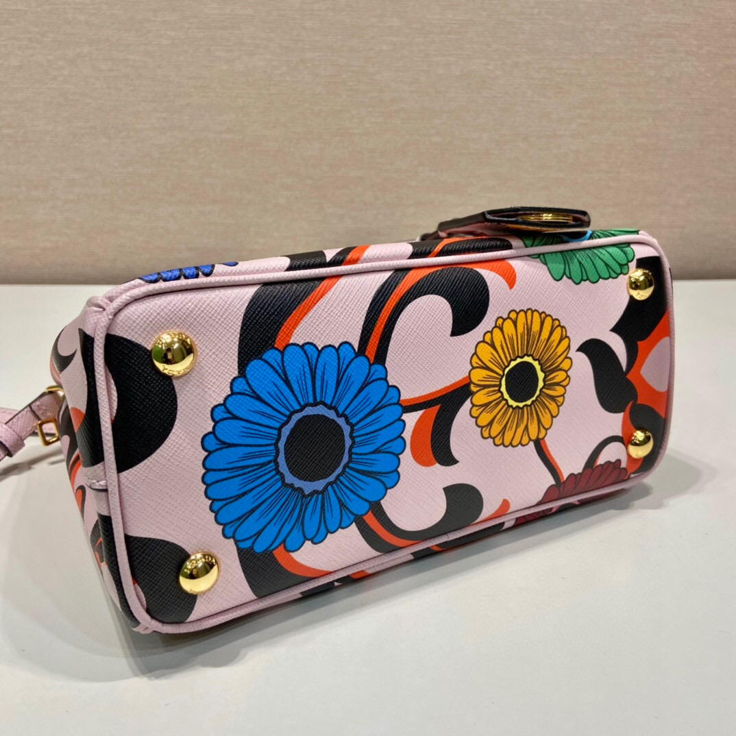 Prada Small Saffiano Double Zip With Flower Handbag In Pink For Women 9.6in/ 24.5cm