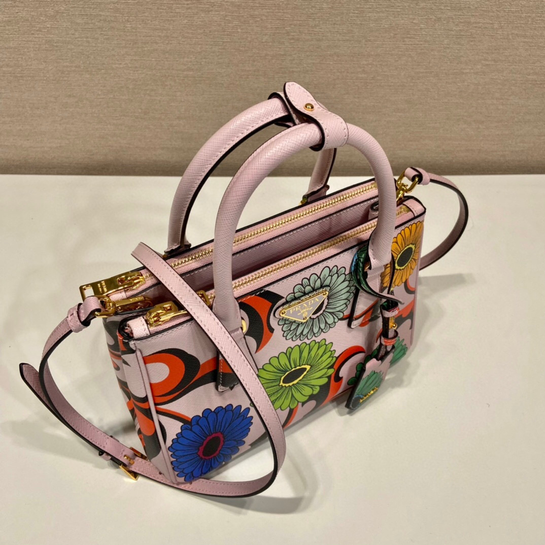 Prada Small Saffiano Double Zip With Flower Handbag In Pink For Women 9.6in/ 24.5cm