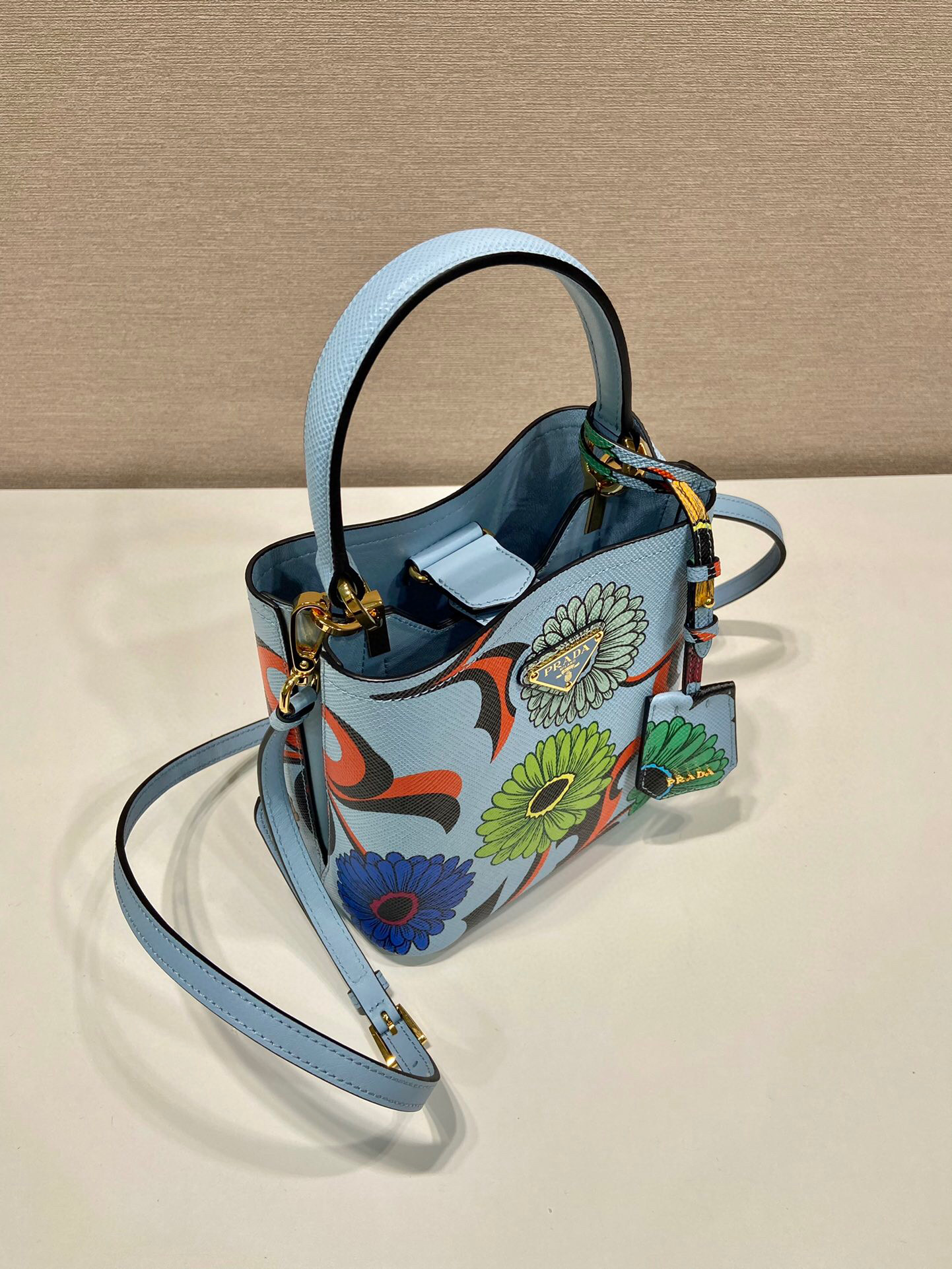 Prada Small Saffiano Prada Panier Flower Bag In Blue For Women 7in/ 18cm