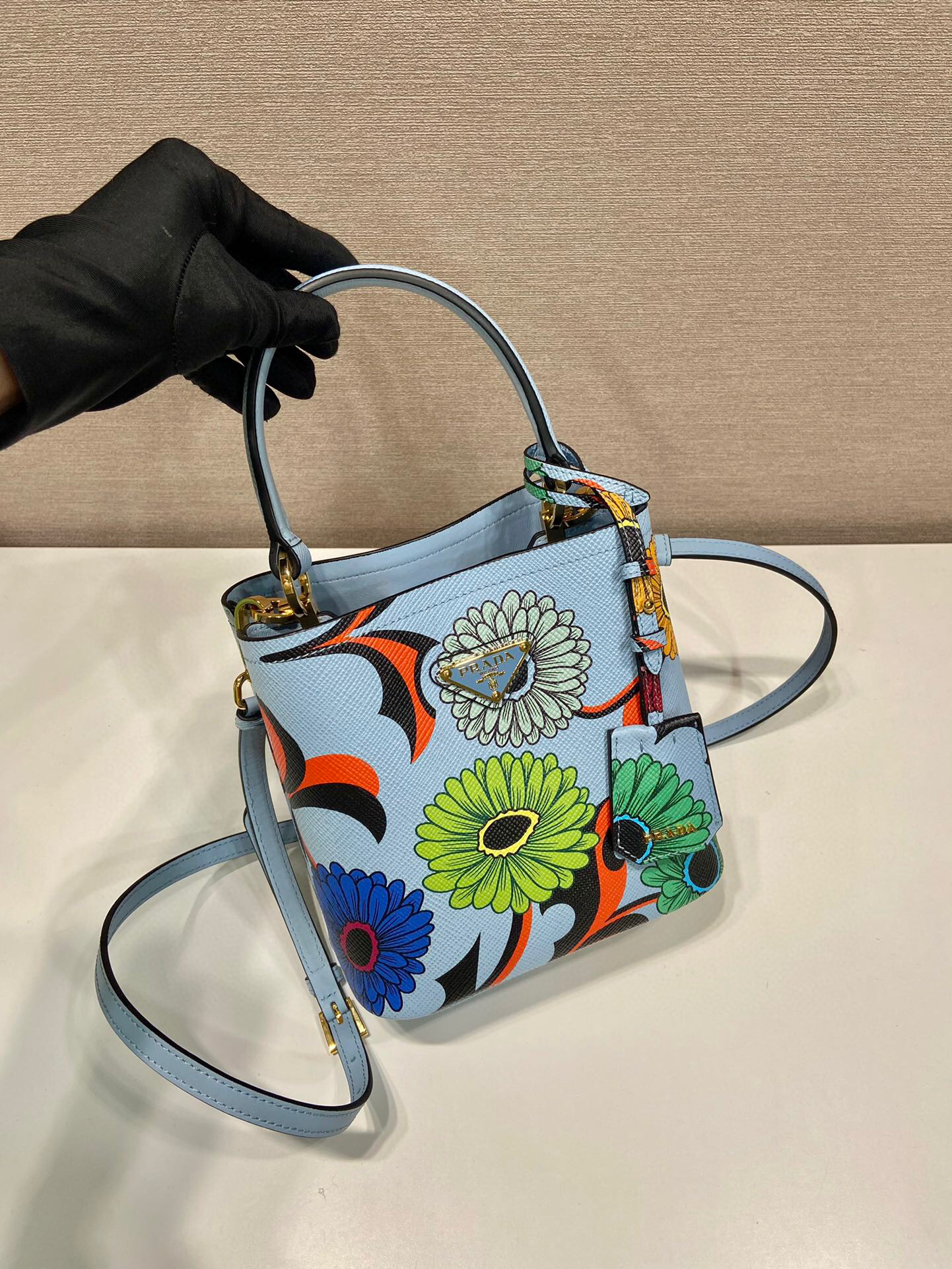 Prada Small Saffiano Prada Panier Flower Bag In Blue For Women 7in/ 18cm