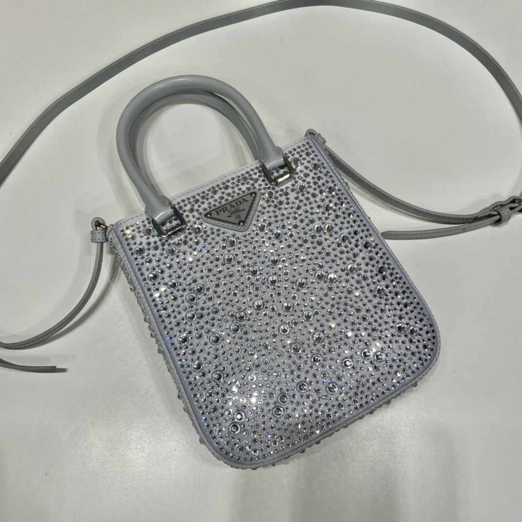 Prada Small Satin Tote Bag With Crystals Silver For Women, Women’s Bags 6.9in/18cm 1BA331_2AWL_F0934_V_OOO