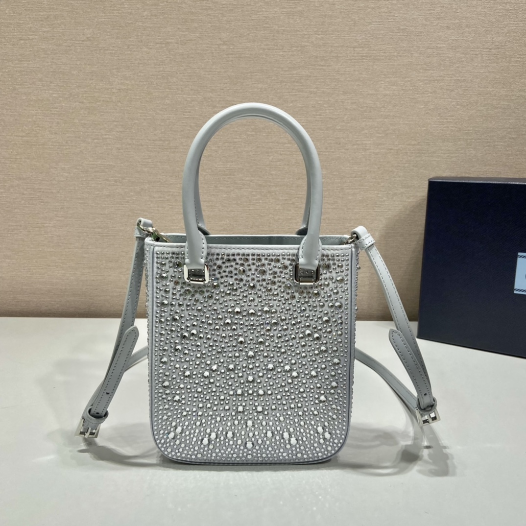 Prada Small Satin Tote Bag With Crystals Silver For Women, Women’s Bags 6.9in/18cm 1BA331_2AWL_F0934_V_OOO