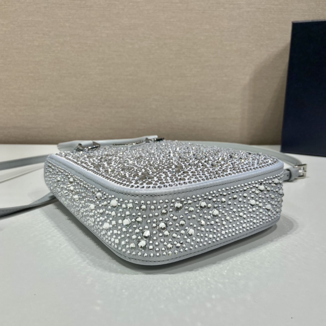 Prada Small Satin Tote Bag With Crystals Silver For Women, Women’s Bags 6.9in/18cm 1BA331_2AWL_F0934_V_OOO