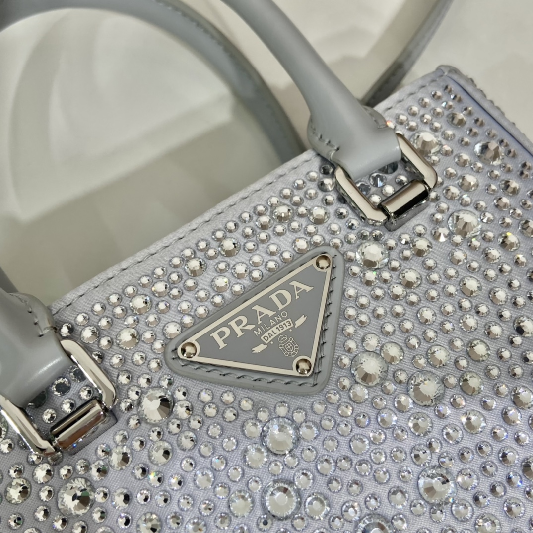 Prada Small Satin Tote Bag With Crystals Silver For Women, Women’s Bags 6.9in/18cm 1BA331_2AWL_F0934_V_OOO