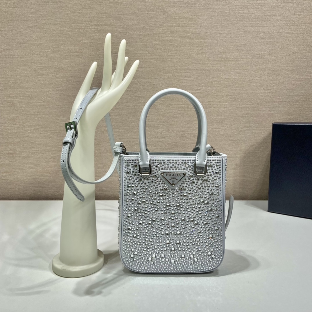 Prada Small Satin Tote Bag With Crystals Silver For Women, Women’s Bags 6.9in/18cm 1BA331_2AWL_F0934_V_OOO