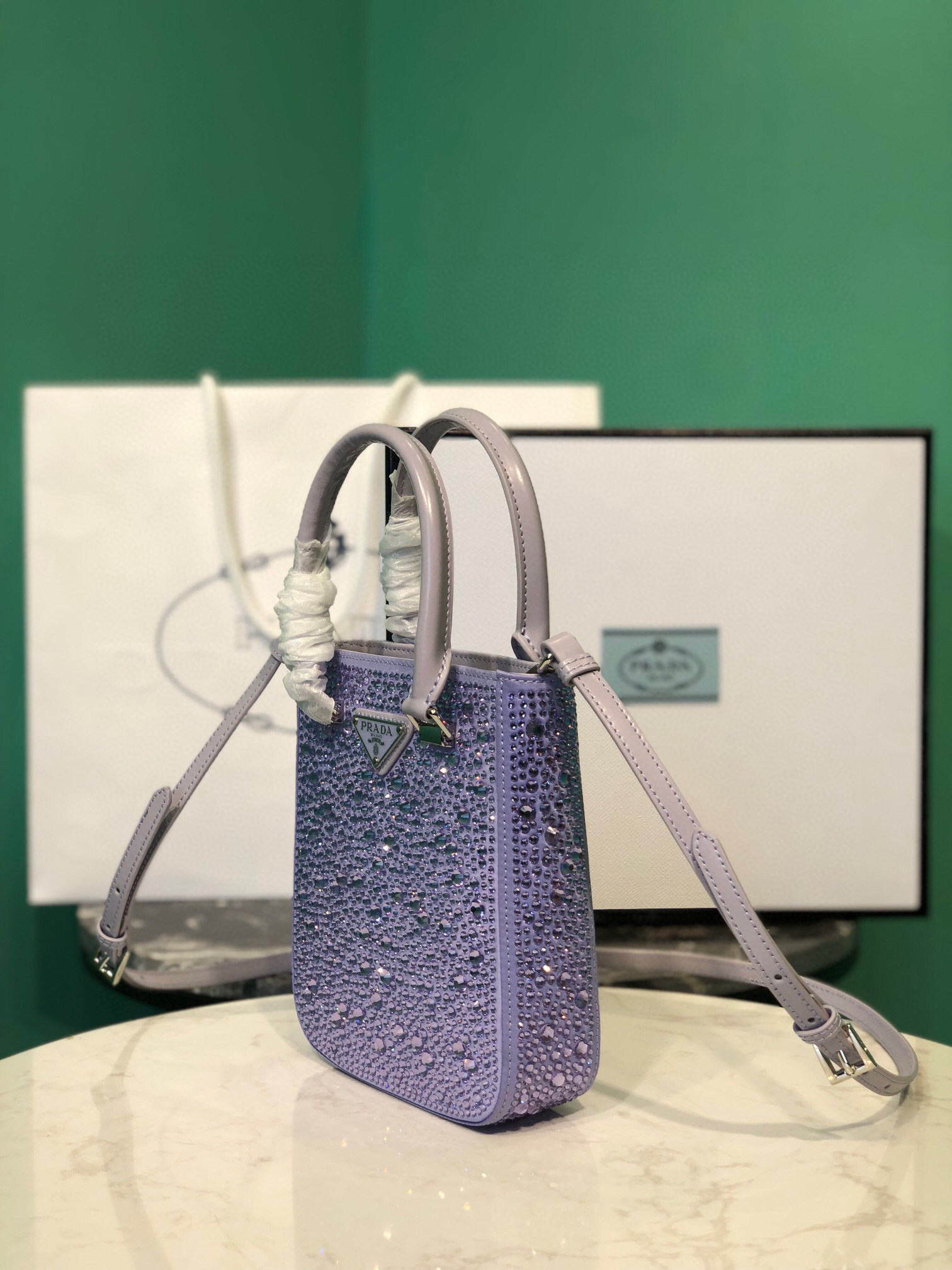 Prada Small Satin Tote Bag With Sparkling Stone In Purple For Women 6.9in/ 17.5cm