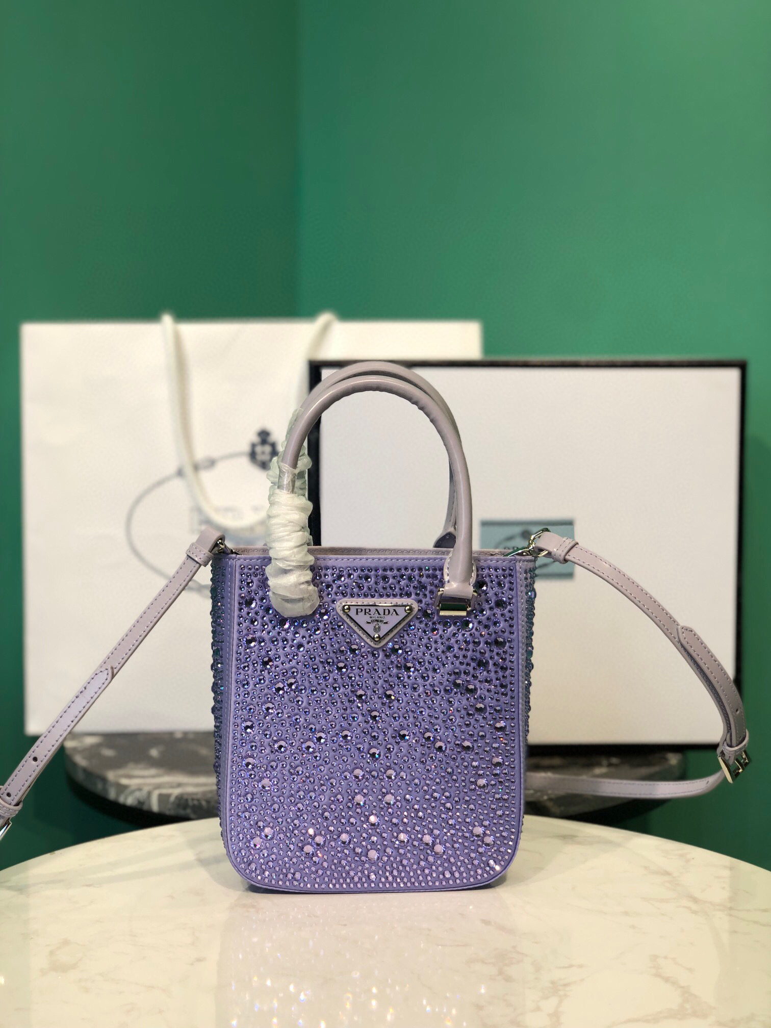 Prada Small Satin Tote Bag With Sparkling Stone In Purple For Women 6.9in/ 17.5cm