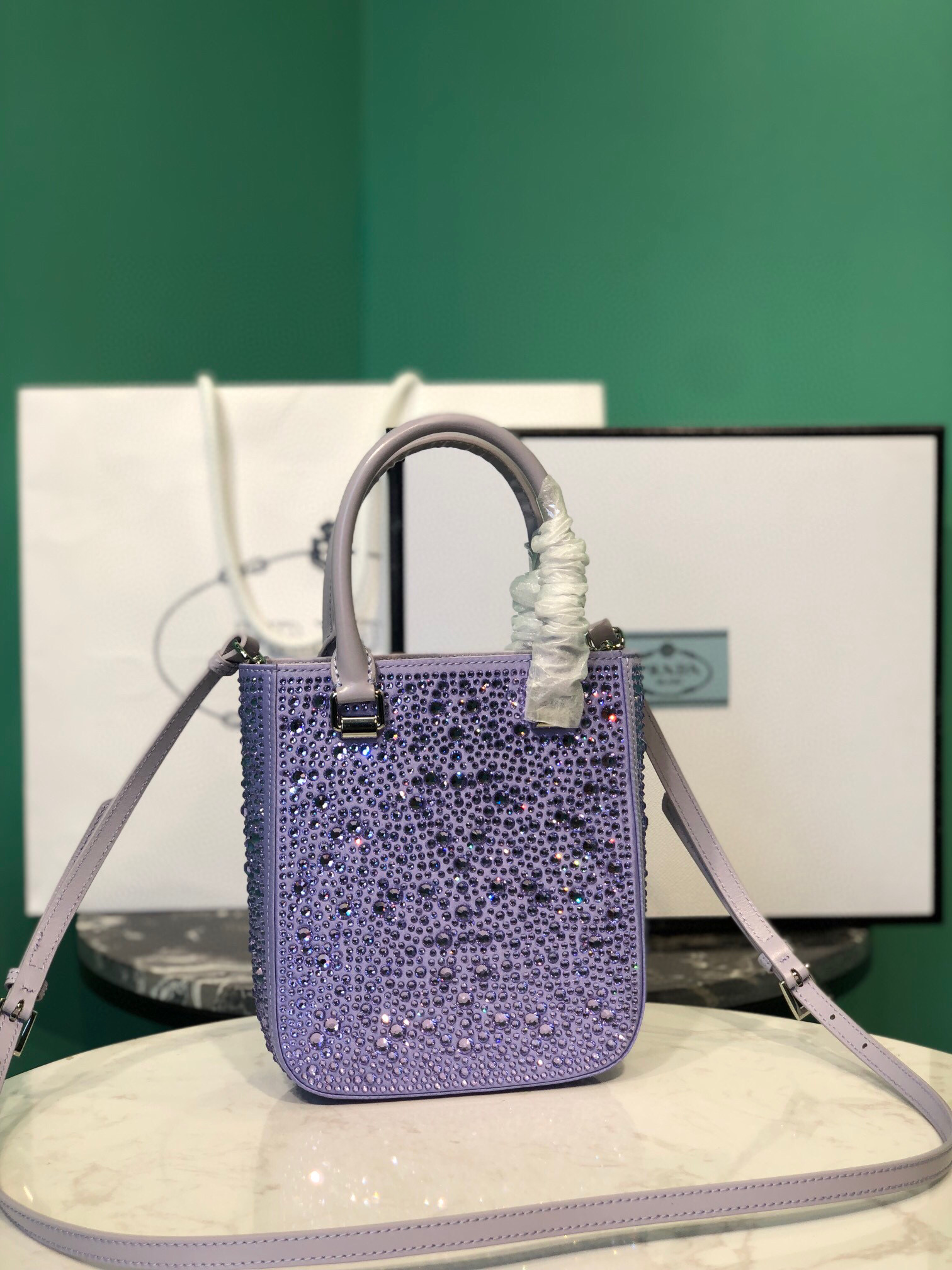 Prada Small Satin Tote Bag With Sparkling Stone In Purple For Women 6.9in/ 17.5cm