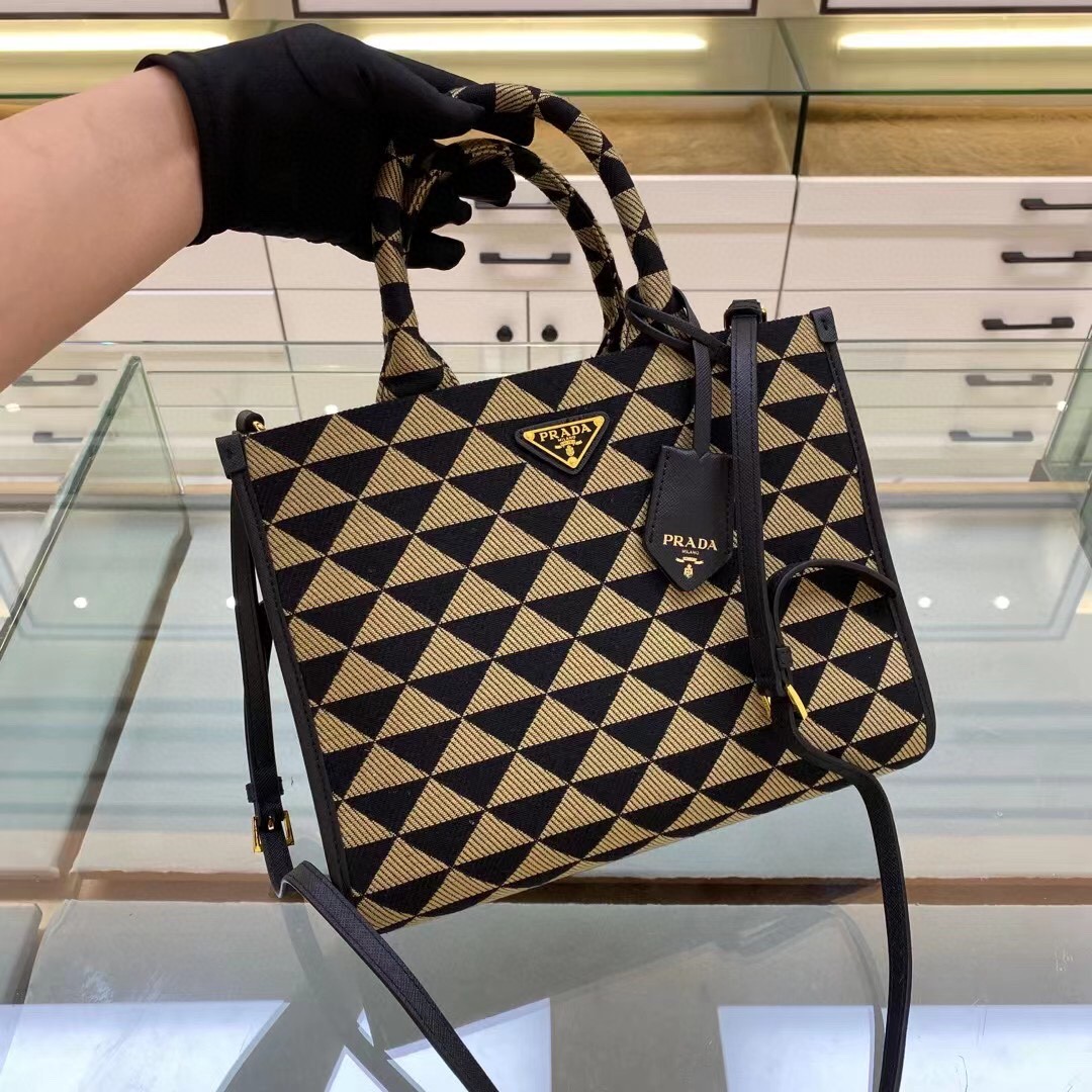 Prada Small Symbole Jacquard Fabric Handbag Black/Beige For Women, Women’s Bags 11in/28cm 1BA354_2FKL_F0Y30_V_OOO