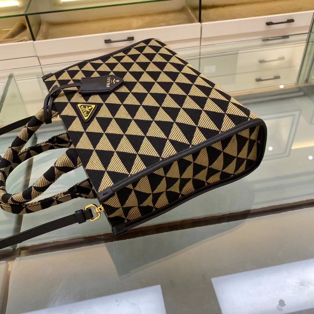 Prada Small Symbole Jacquard Fabric Handbag Black/Beige For Women, Women’s Bags 11in/28cm 1BA354_2FKL_F0Y30_V_OOO