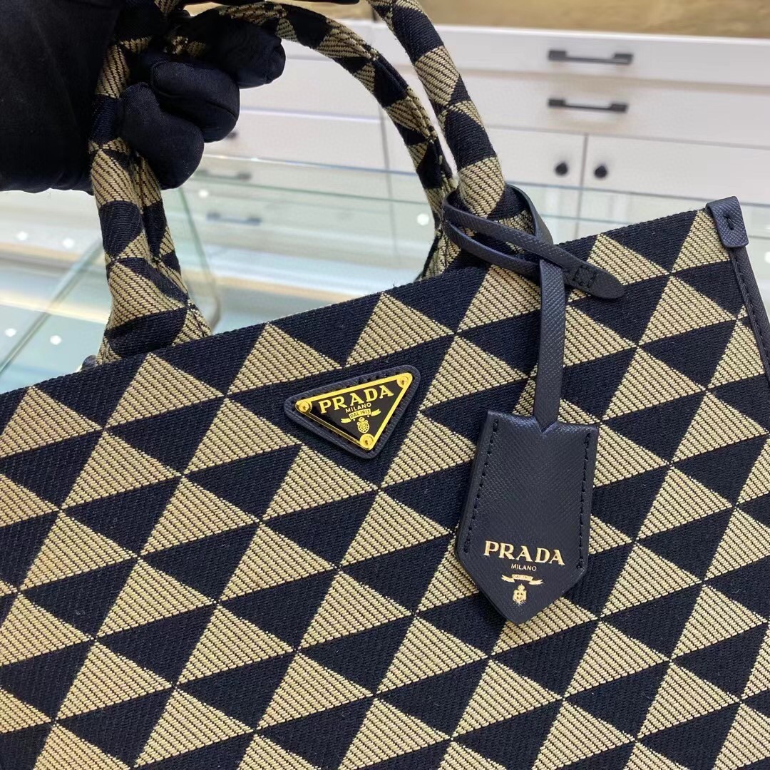 Prada Small Symbole Jacquard Fabric Handbag Black/Beige For Women, Women’s Bags 11in/28cm 1BA354_2FKL_F0Y30_V_OOO