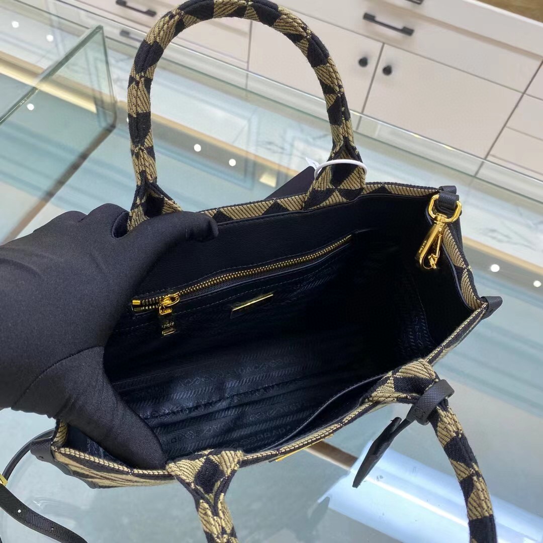 Prada Small Symbole Jacquard Fabric Handbag Black/Beige For Women, Women’s Bags 11in/28cm 1BA354_2FKL_F0Y30_V_OOO