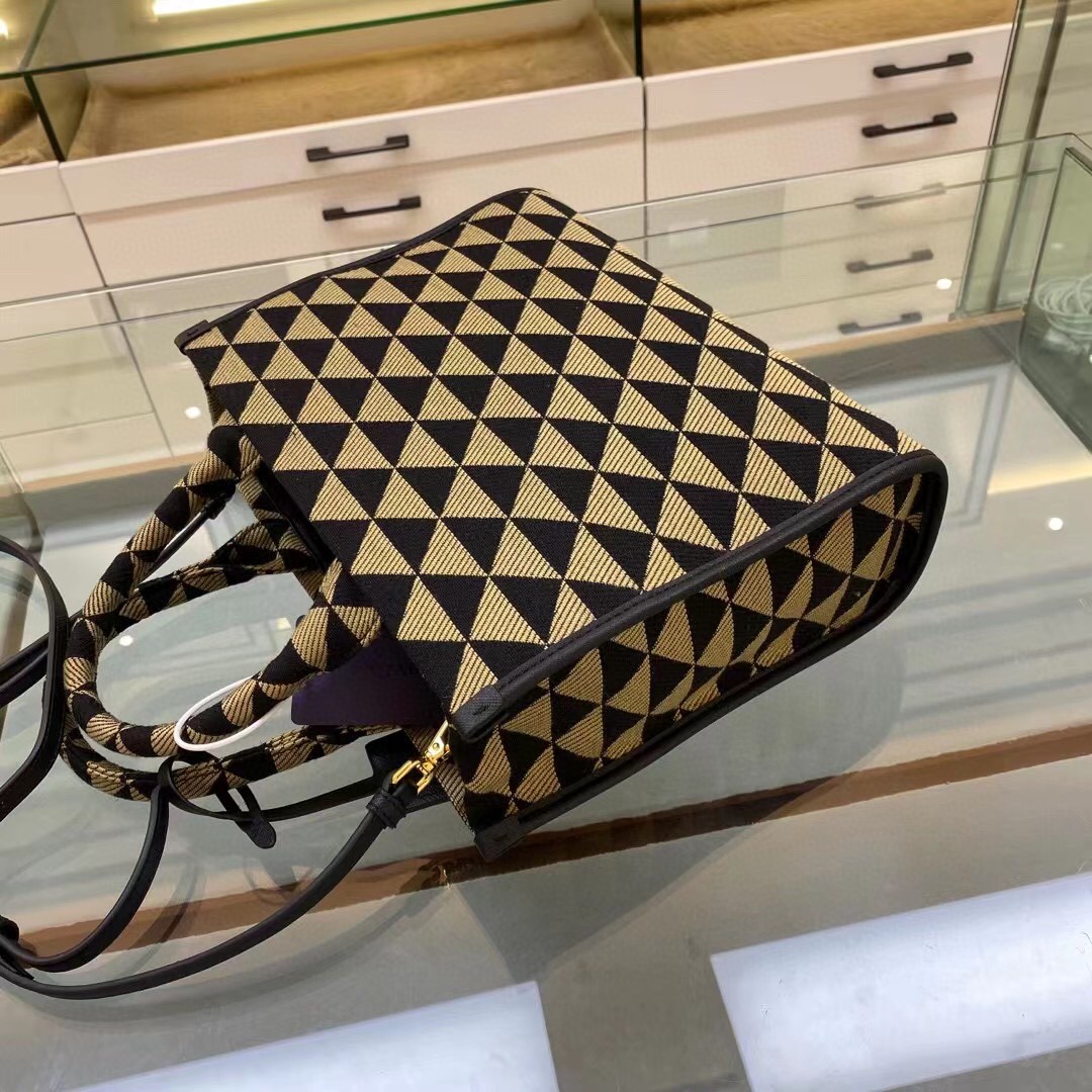 Prada Small Symbole Jacquard Fabric Handbag Black/Beige For Women, Women’s Bags 11in/28cm 1BA354_2FKL_F0Y30_V_OOO