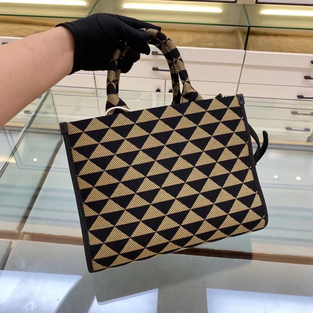 Prada Small Symbole Jacquard Fabric Handbag Black/Beige For Women, Women’s Bags 11in/28cm 1BA354_2FKL_F0Y30_V_OOO