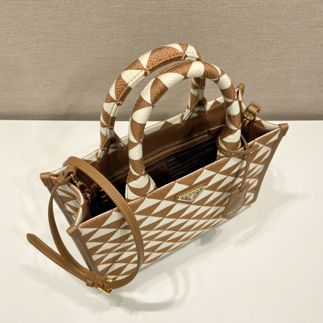 Prada Small Symbole Jacquard Fabric Handbag Brown/White For Women, Women’s Bags 11in/28cm 1BA354_2FKL_F0I0U_V_OOO