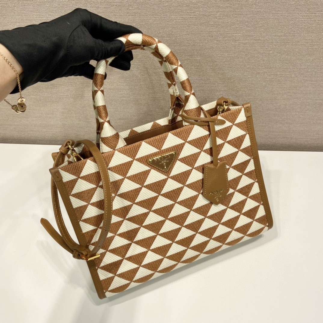 Prada Small Symbole Jacquard Fabric Handbag Brown/White For Women, Women’s Bags 11in/28cm 1BA354_2FKL_F0I0U_V_OOO