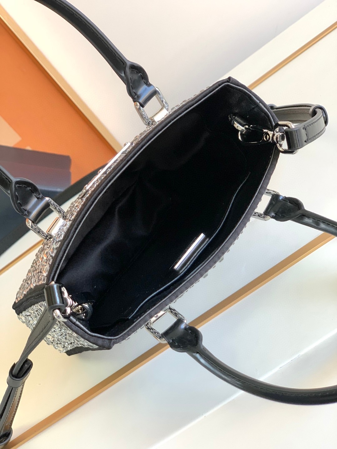 Prada Small Tote Bag With Crystals Sliver Tone For Women 5.9 in / 15 cm