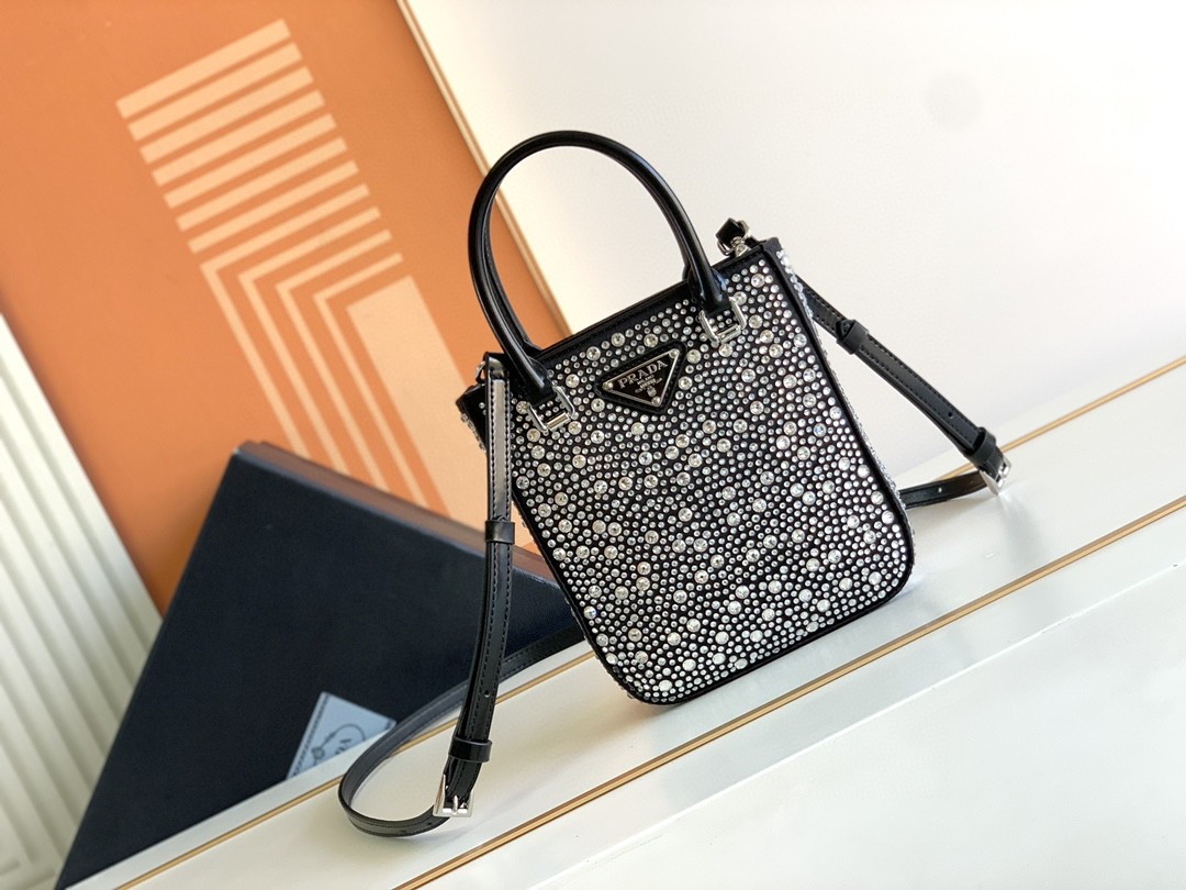 Prada Small Tote Bag With Crystals Sliver Tone For Women 5.9 in / 15 cm