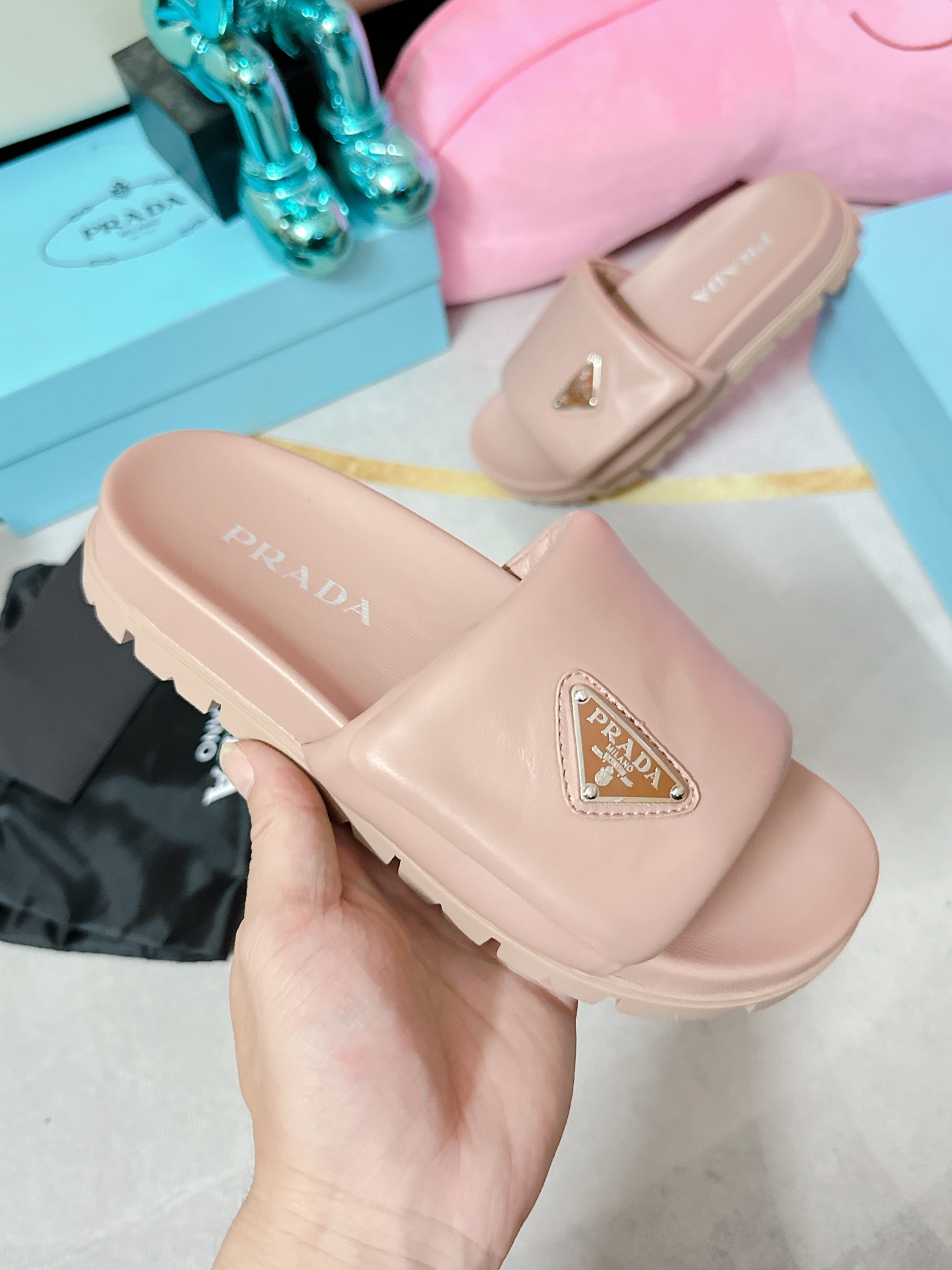 Prada Soft Padded Nappa Slides Light Pink For Women 0.8 in/ 2cm