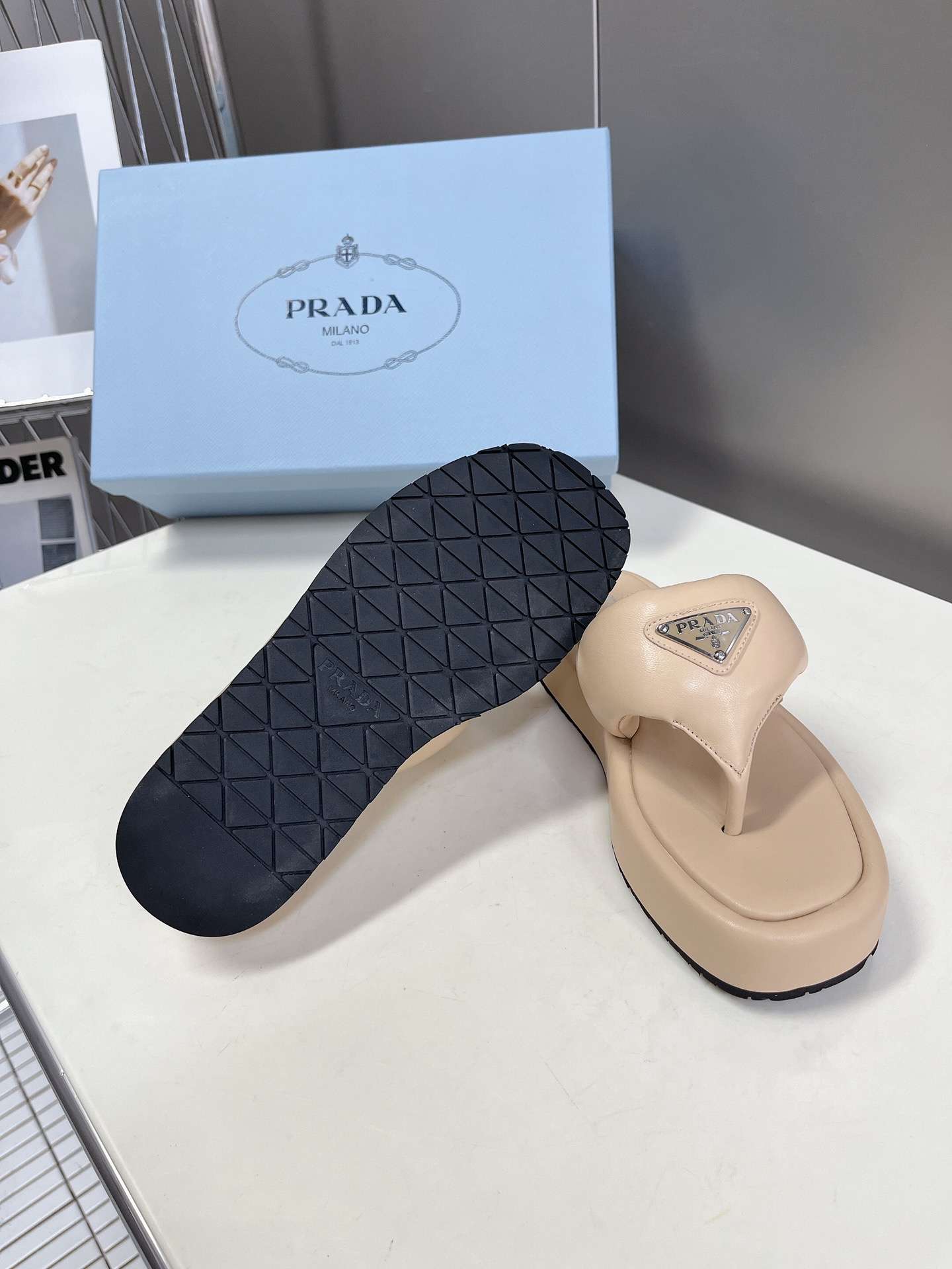 Prada Soft Padded Nappa Wedge Sandals Cream For Women