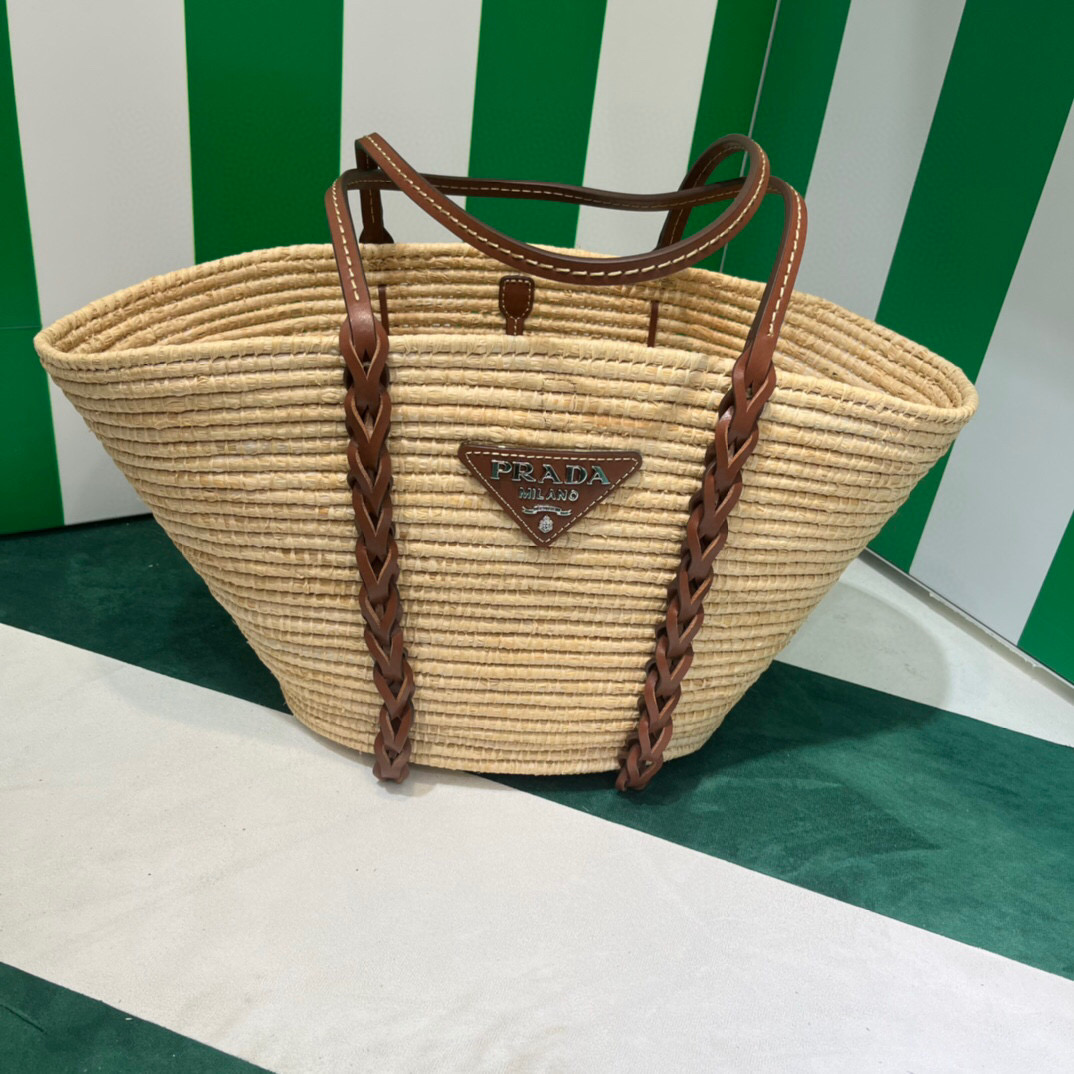 Prada Straw And Shoulder Tote Bag In Beige For Women 9.8 in/25cm