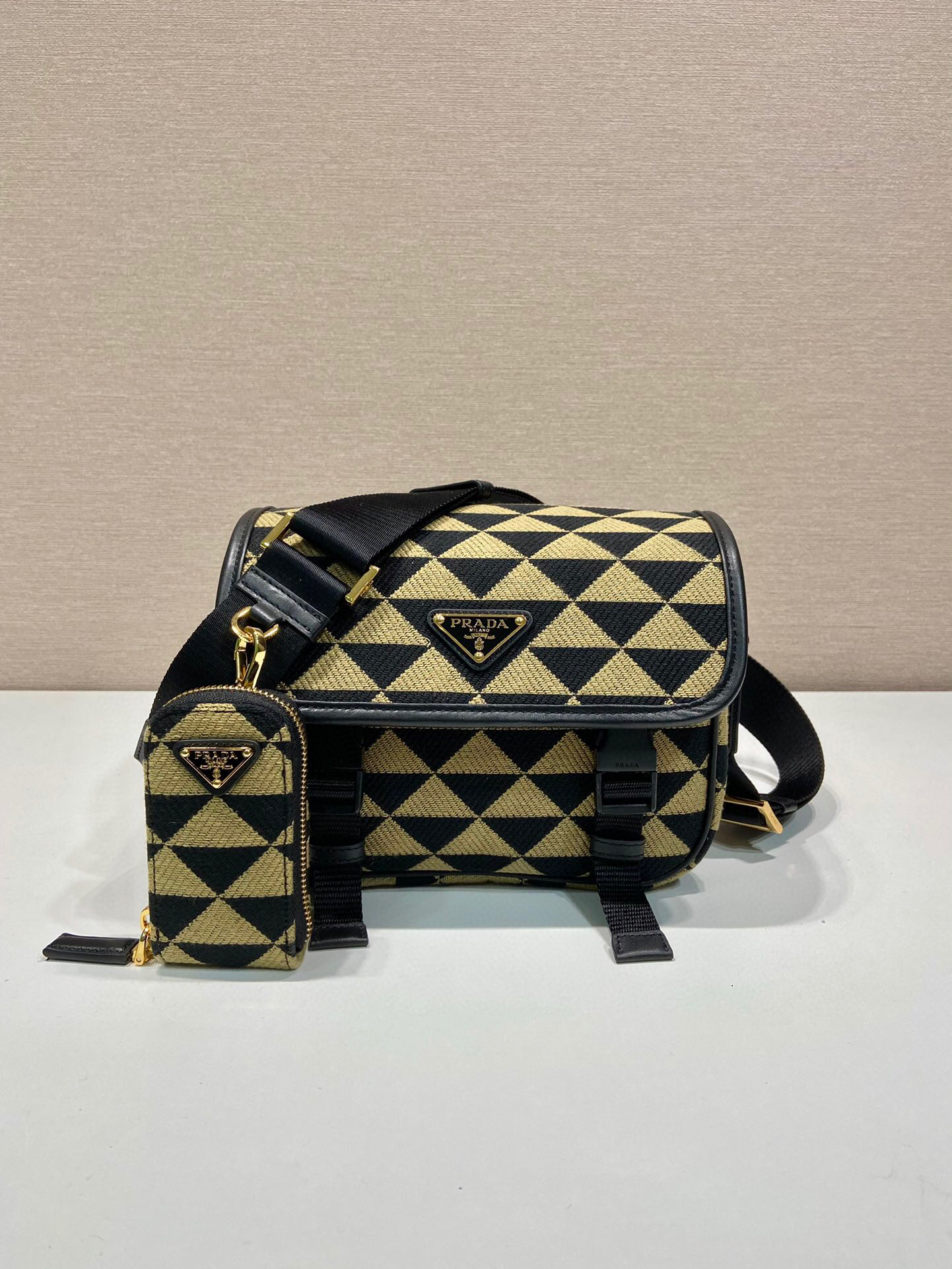 Prada Symbole Embroidered Fabric Bag In Beige For Women 8.6 in/ 22 cm 2VD034_2FKL_F0Y30_V_XOP