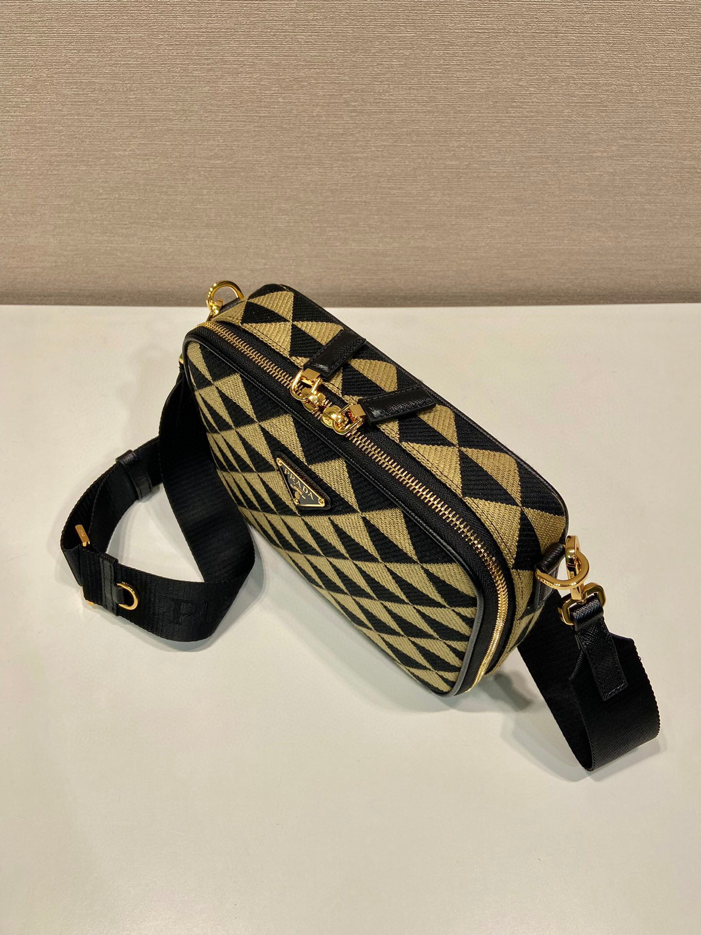 Prada Symbole Embroidered Fabric Bag In Beige For Women 8.6 in/ 22 cm 2VH069_2FKL_F0Y30_V_MOF