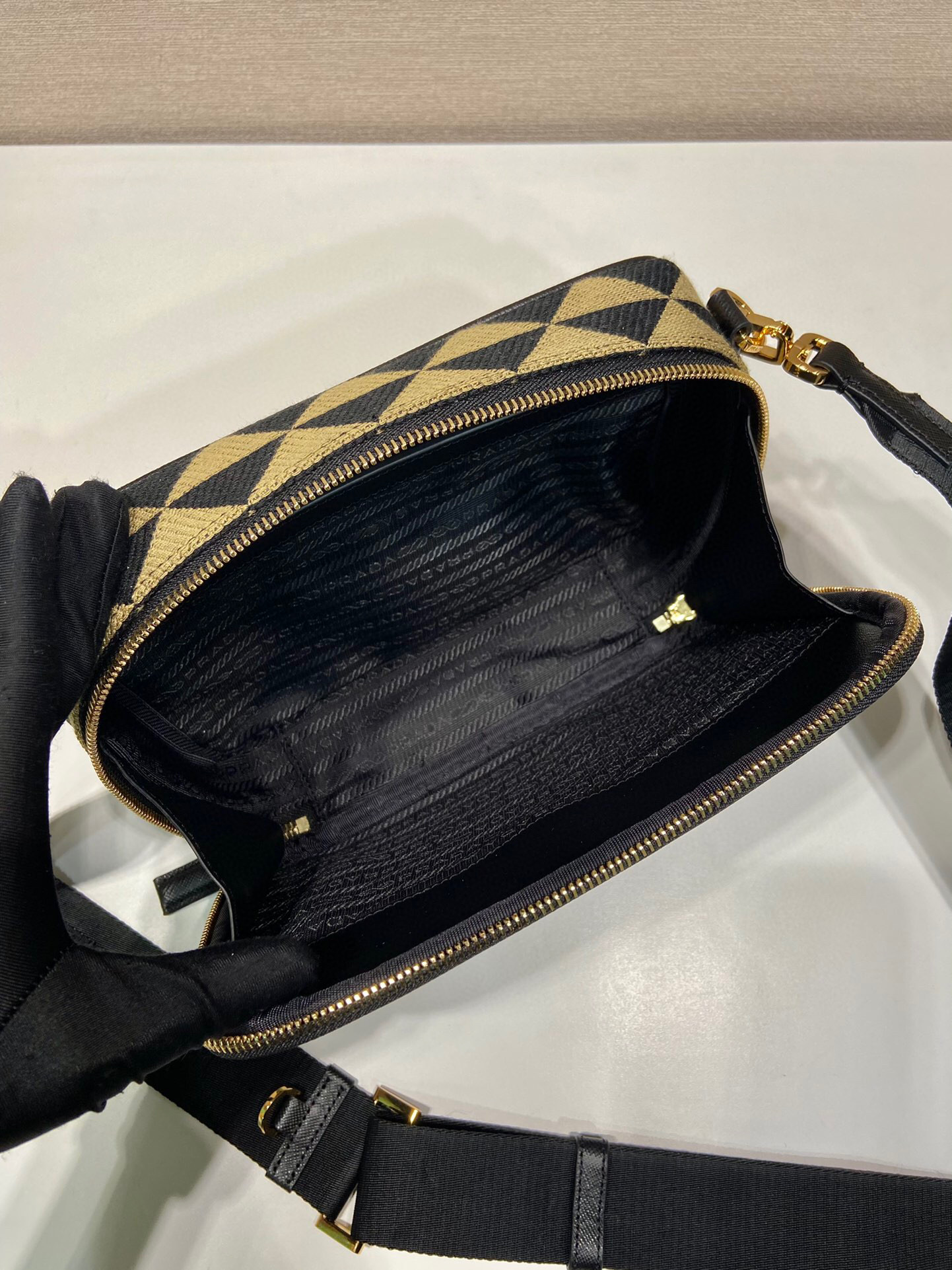 Prada Symbole Embroidered Fabric Bag In Beige For Women 8.6 in/ 22 cm 2VH069_2FKL_F0Y30_V_MOF