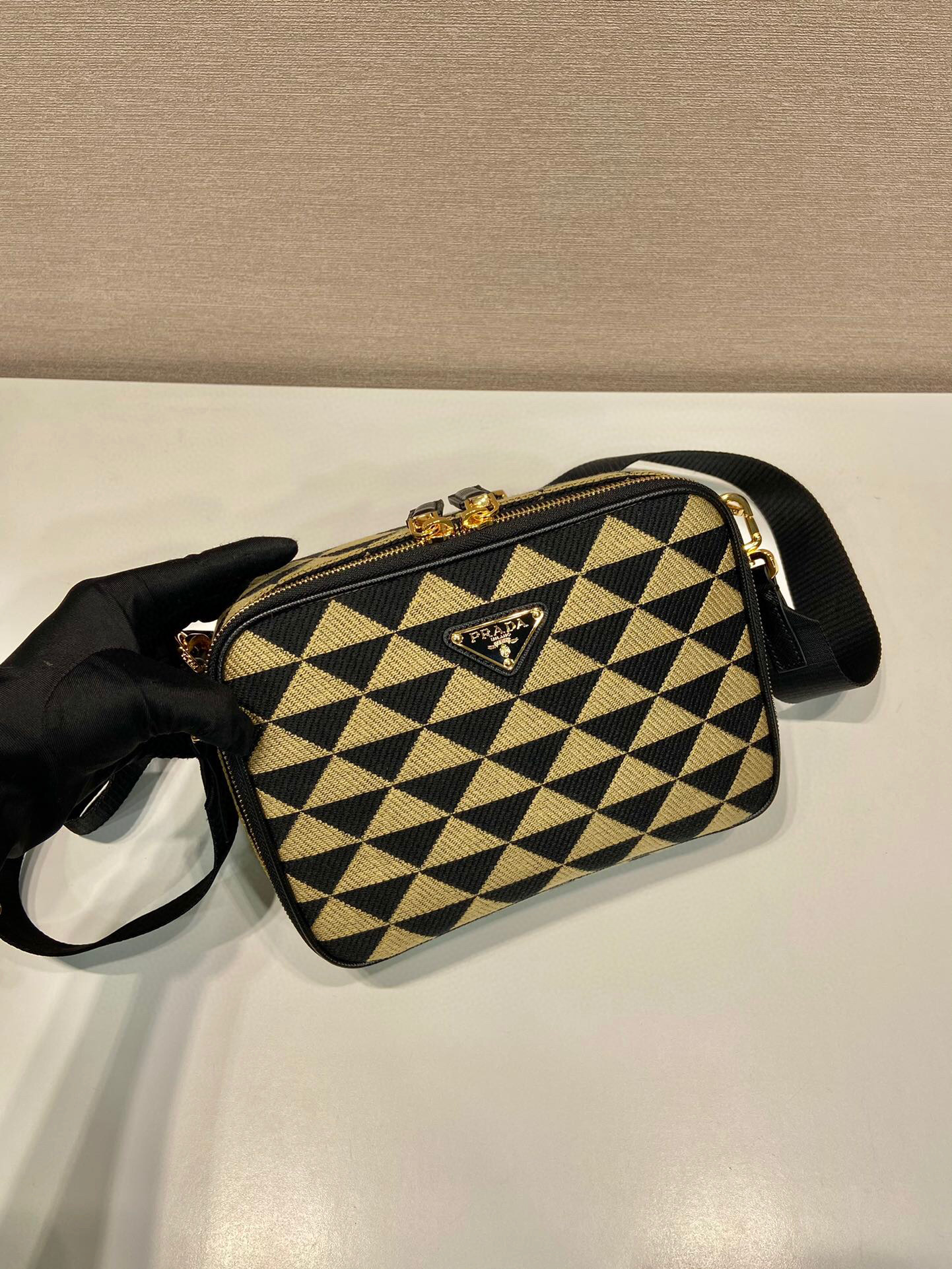Prada Symbole Embroidered Fabric Bag In Beige For Women 8.6 in/ 22 cm 2VH069_2FKL_F0Y30_V_MOF