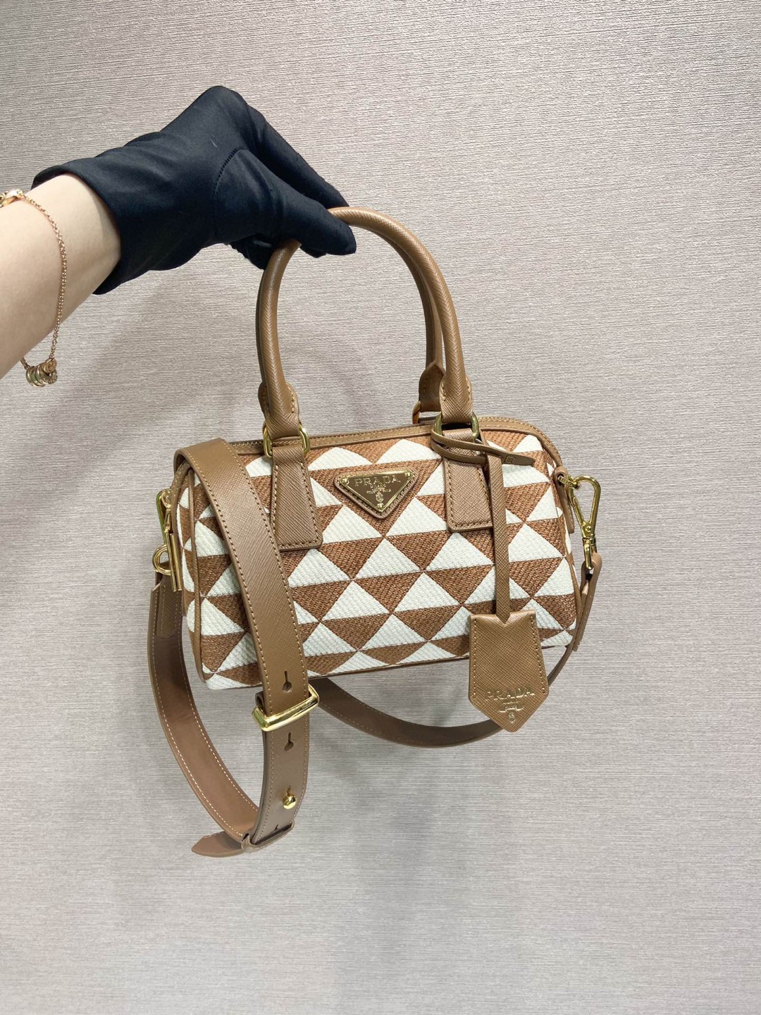 Prada Symbole Embroidered Jacquard Fabric Top-Handle Bag Brown/White For Women, Women’s Bags 7.9in/20cm 1BB846_2FKL_F0I0U_V_XOO
