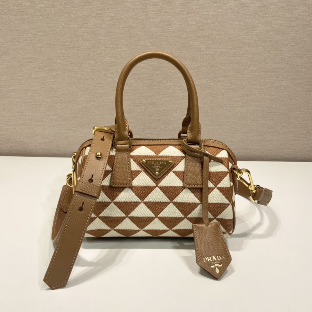 Prada Symbole Embroidered Jacquard Fabric Top-Handle Bag Brown/White For Women, Women’s Bags 7.9in/20cm 1BB846_2FKL_F0I0U_V_XOO