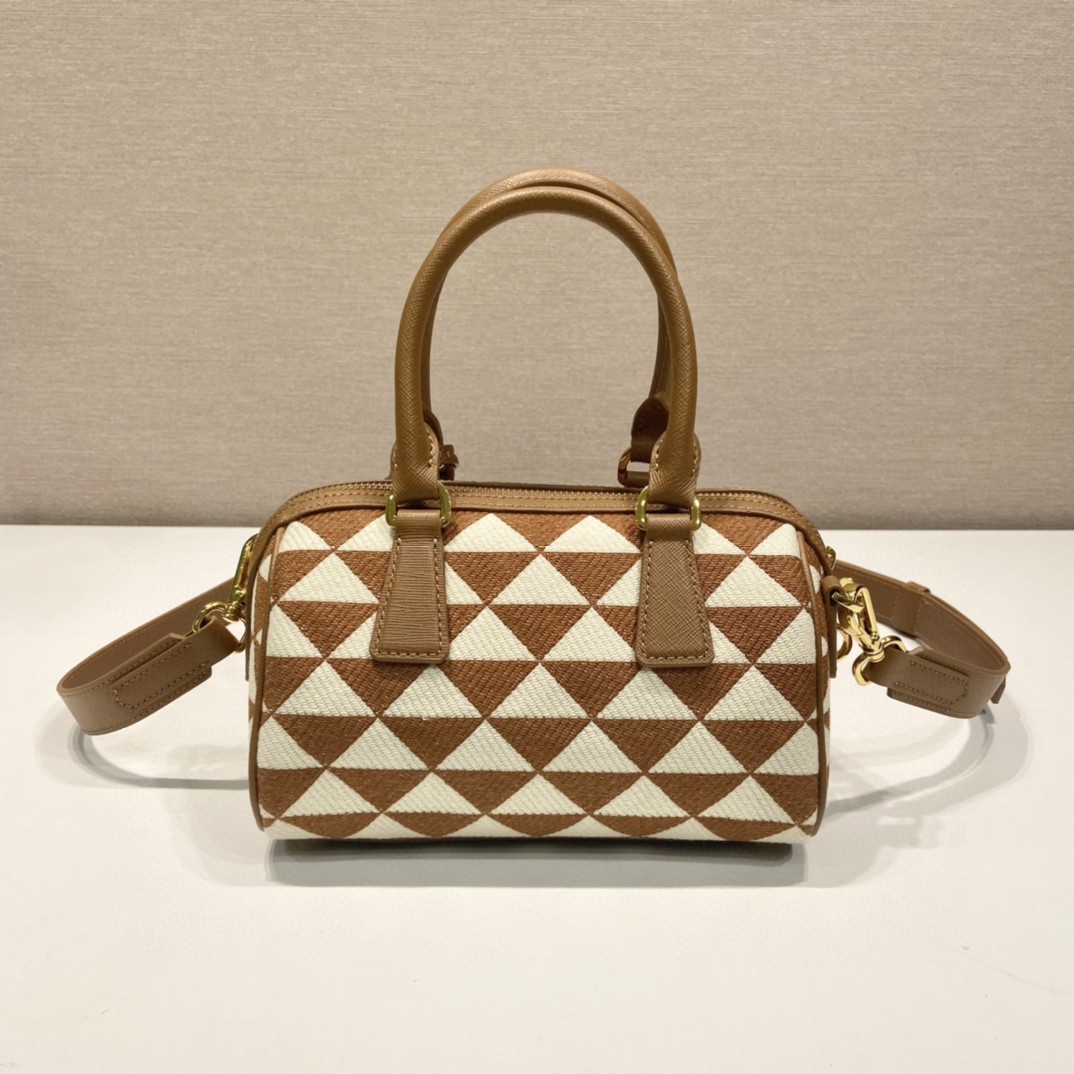 Prada Symbole Embroidered Jacquard Fabric Top-Handle Bag Brown/White For Women, Women’s Bags 7.9in/20cm 1BB846_2FKL_F0I0U_V_XOO