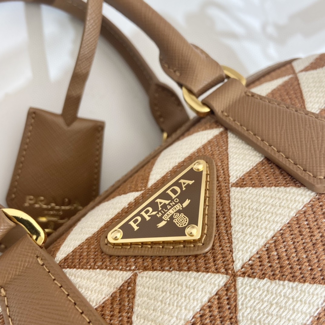 Prada Symbole Embroidered Jacquard Fabric Top-Handle Bag Brown/White For Women, Women’s Bags 7.9in/20cm 1BB846_2FKL_F0I0U_V_XOO