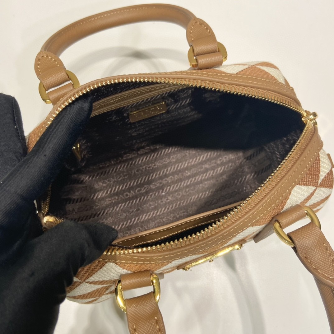 Prada Symbole Embroidered Jacquard Fabric Top-Handle Bag Brown/White For Women, Women’s Bags 7.9in/20cm 1BB846_2FKL_F0I0U_V_XOO
