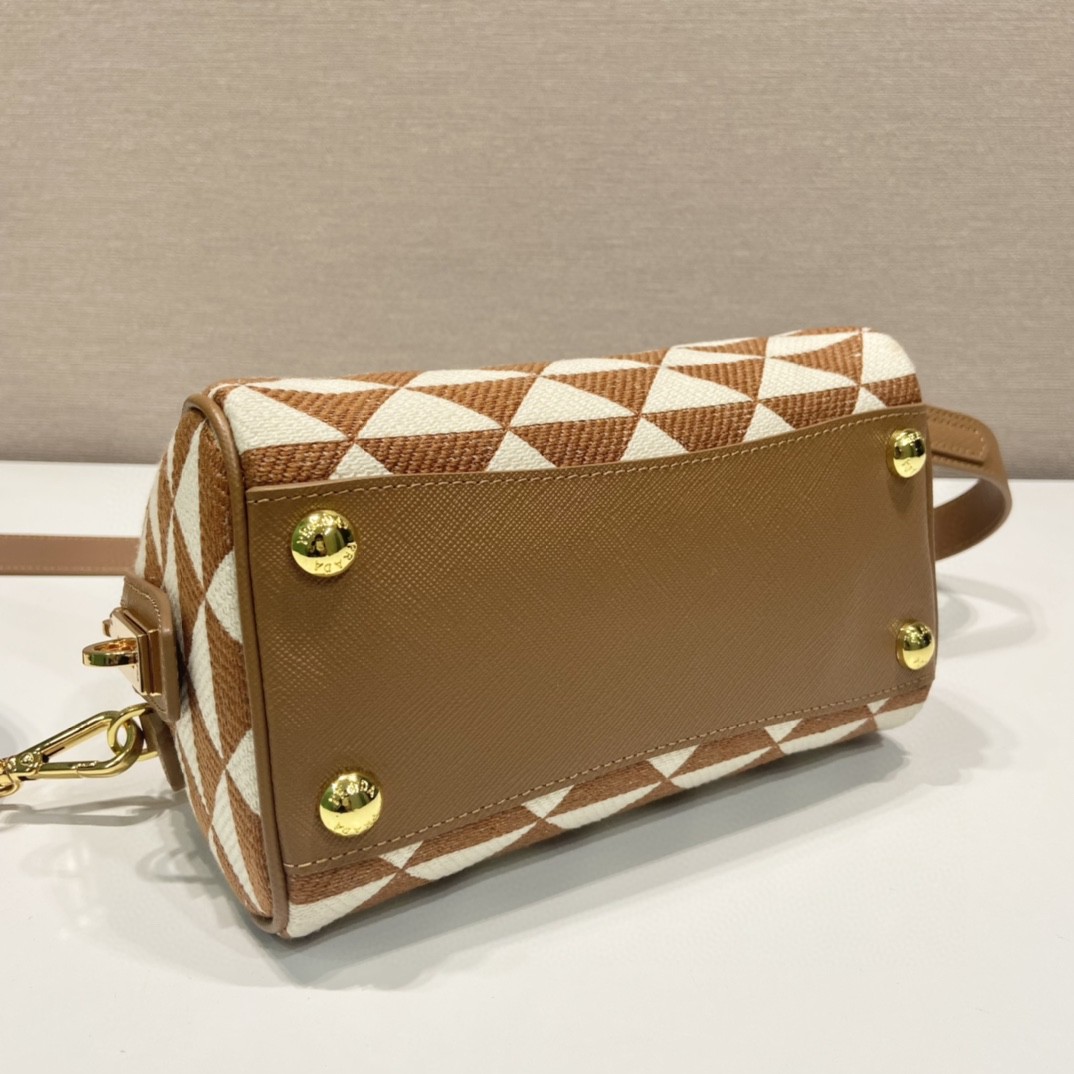 Prada Symbole Embroidered Jacquard Fabric Top-Handle Bag Brown/White For Women, Women’s Bags 7.9in/20cm 1BB846_2FKL_F0I0U_V_XOO