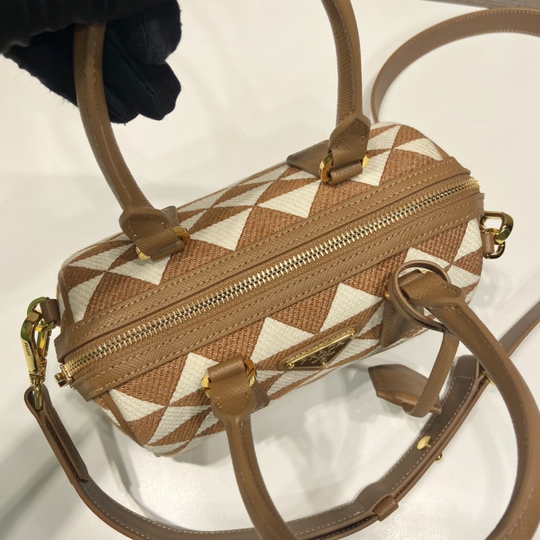 Prada Symbole Embroidered Jacquard Fabric Top-Handle Bag Brown/White For Women, Women’s Bags 7.9in/20cm 1BB846_2FKL_F0I0U_V_XOO