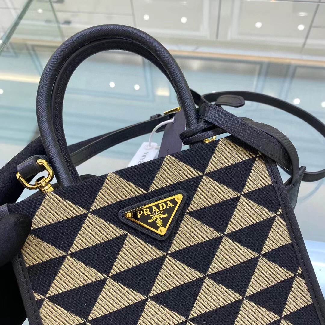 Prada Symbole Jacquard Fabric Micro Bag Black/Beige For Women, Women’s Bags 7.5in/19cm 1BA355_2FKL_F0Y30_V_OOO