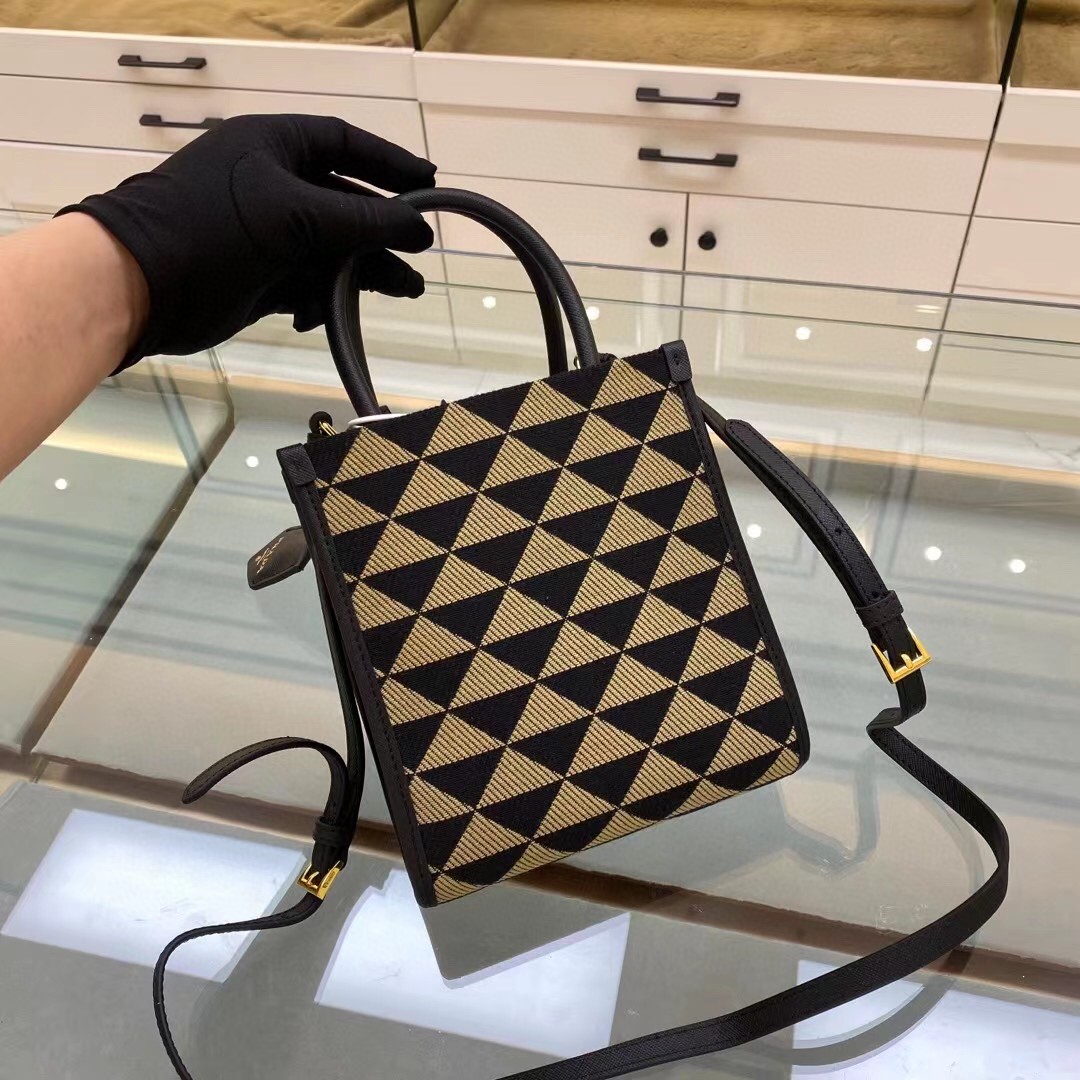 Prada Symbole Jacquard Fabric Micro Bag Black/Beige For Women, Women’s Bags 7.5in/19cm 1BA355_2FKL_F0Y30_V_OOO