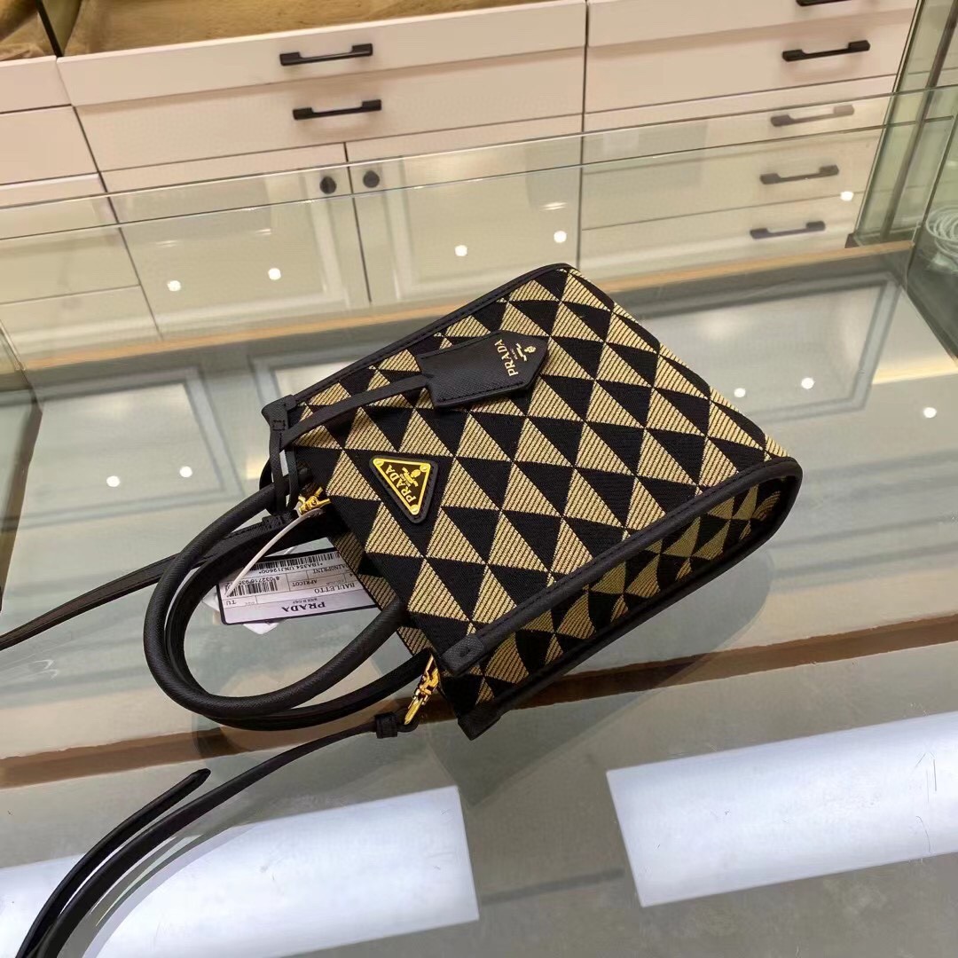Prada Symbole Jacquard Fabric Micro Bag Black/Beige For Women, Women’s Bags 7.5in/19cm 1BA355_2FKL_F0Y30_V_OOO