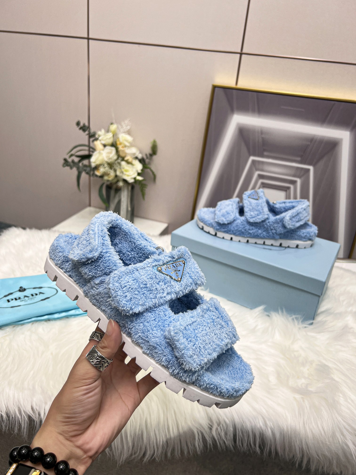 Prada Terrycloth Sandals Blue For Women 0.8in/20mm PRD 1X737M_H39_F0076_F_D020