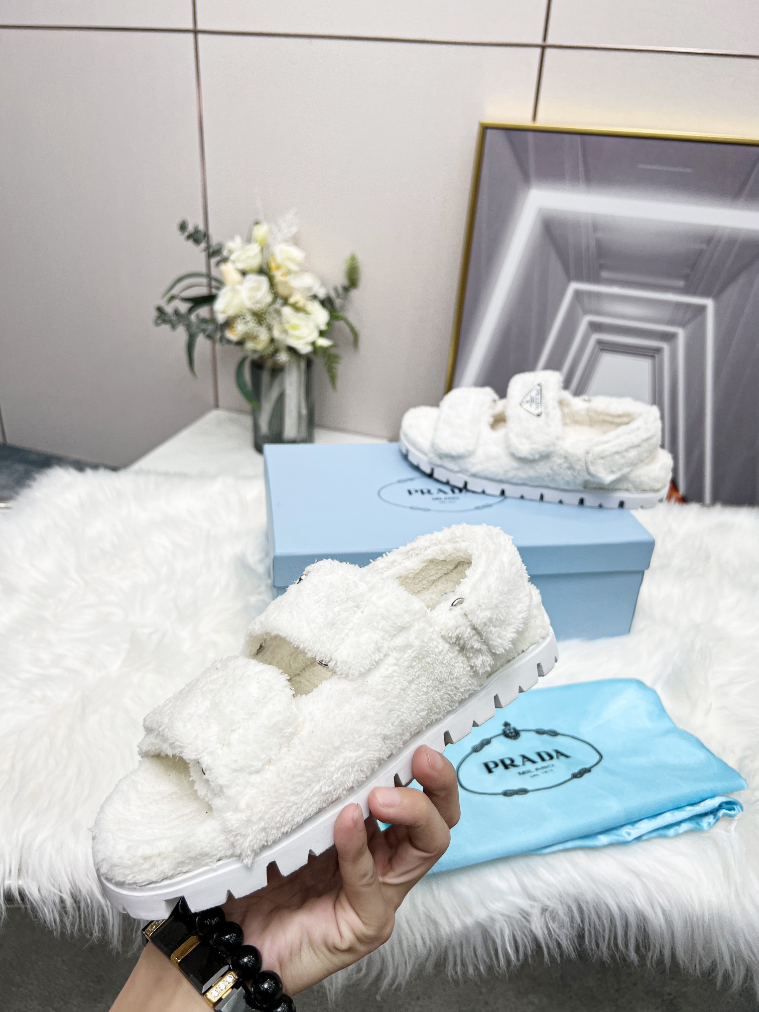 Prada Terrycloth Sandals White For Women 0.8in/20mm PRD  1X737M_H39_F0009_F_D020
