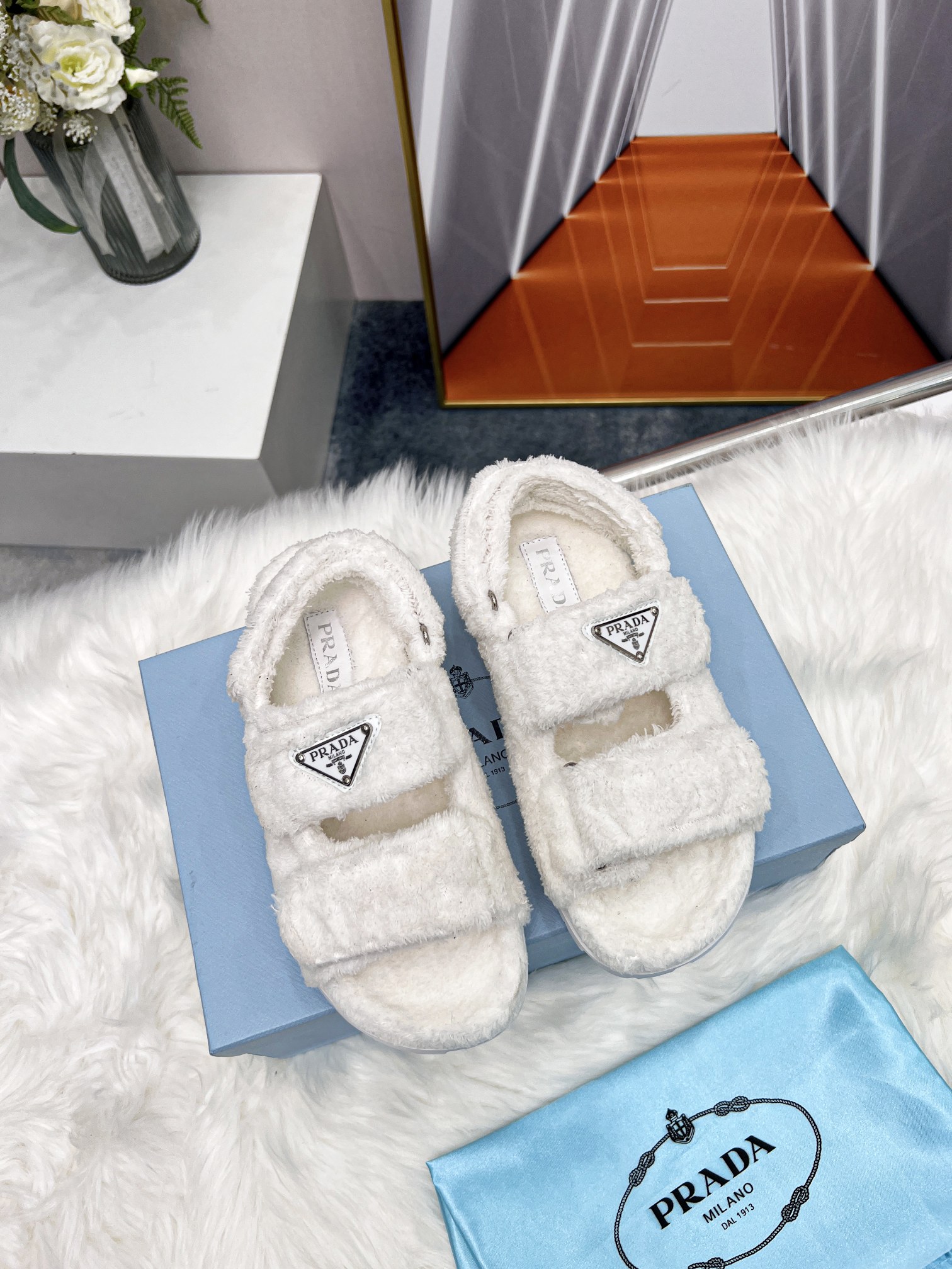 Prada Terrycloth Sandals White For Women 0.8in/20mm PRD  1X737M_H39_F0009_F_D020