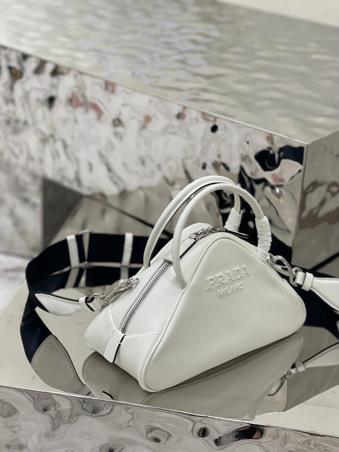 Prada Triangle Bag White/Black For Women 9.8 in / 25 cm 1BB082_2BYA_F0009_V_NEO