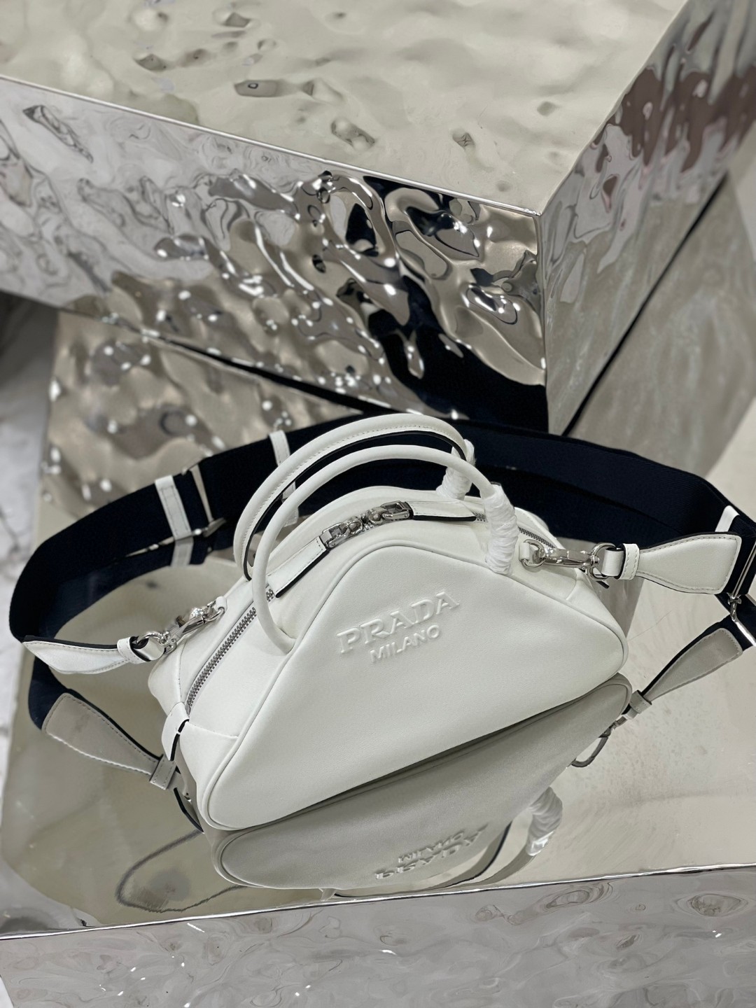 Prada Triangle Bag White/Black For Women 9.8 in / 25 cm 1BB082_2BYA_F0009_V_NEO