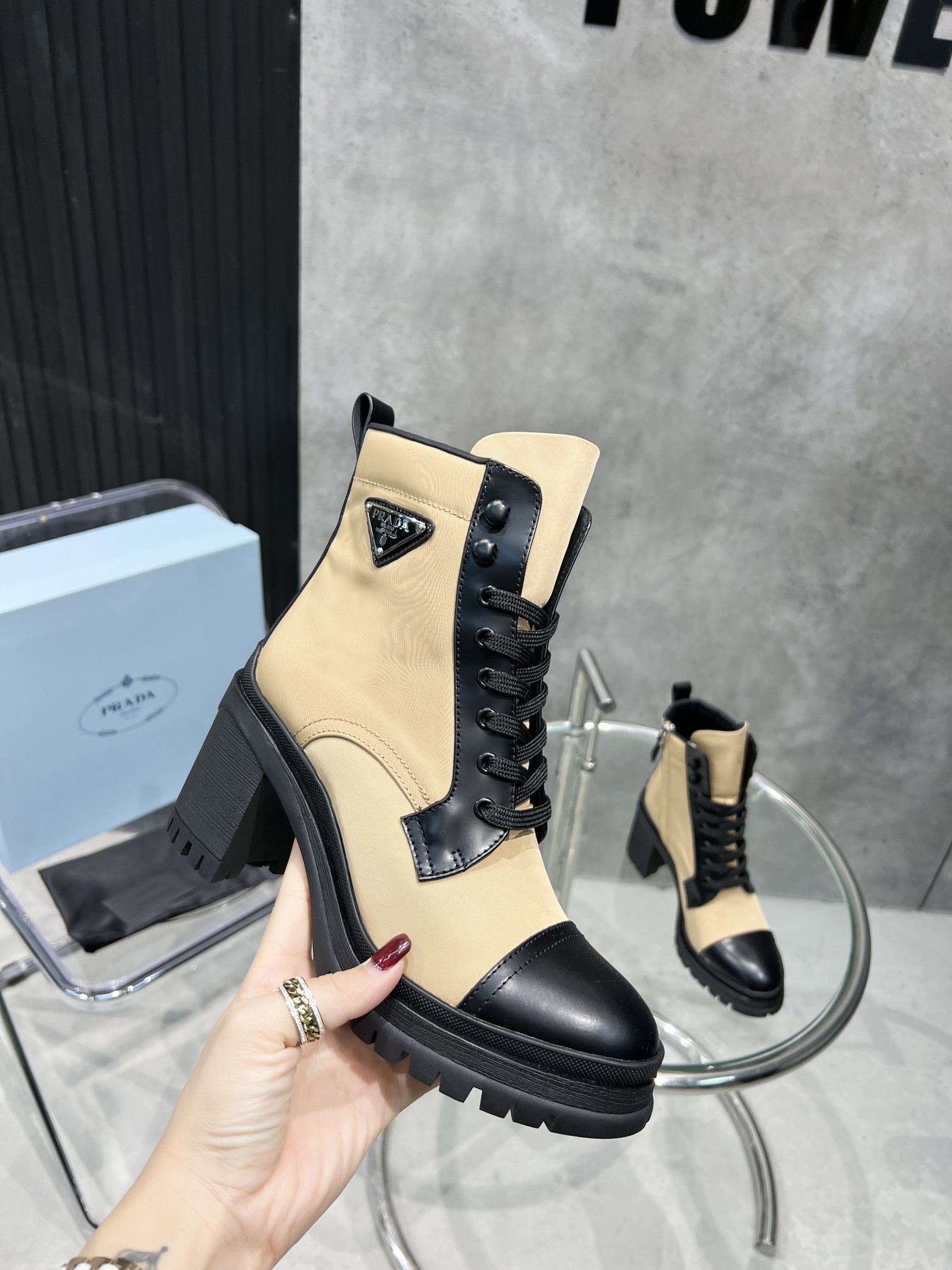 Prada Tronchetti Lace-Up Boot Beige For Women PRD 